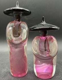 2 MURANO Pink&Black Art Glass Asian Figurals ITALY