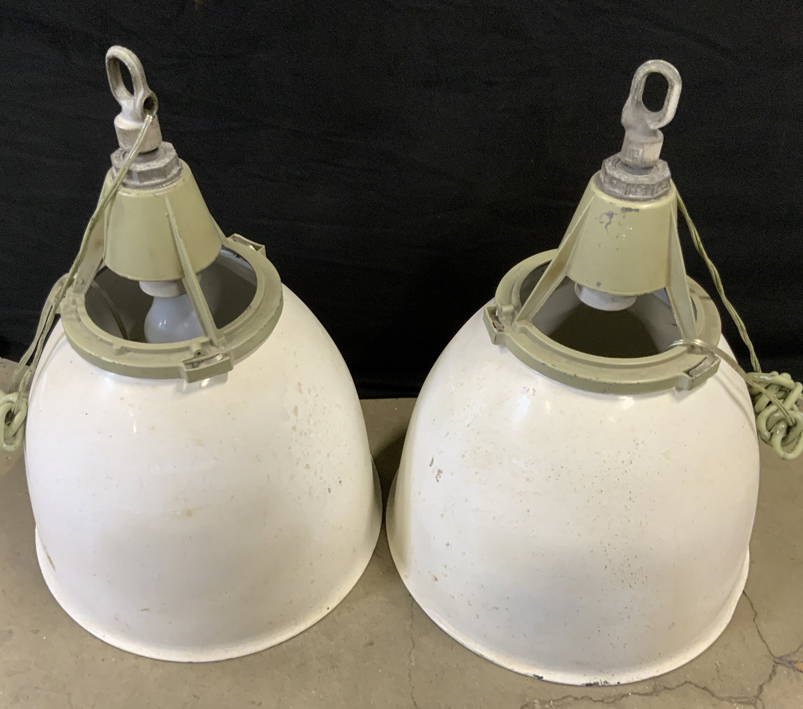 Pair BENJAMIN USA White Metal Ceiling Lights: A pair of white metal ceiling lights. Metal hardware reads BENJAMIN MADE IN USA. Measures approx. 21.5L x 16W in. Not tested for function. Chipping, discoloration, denting, and surface wear present. L