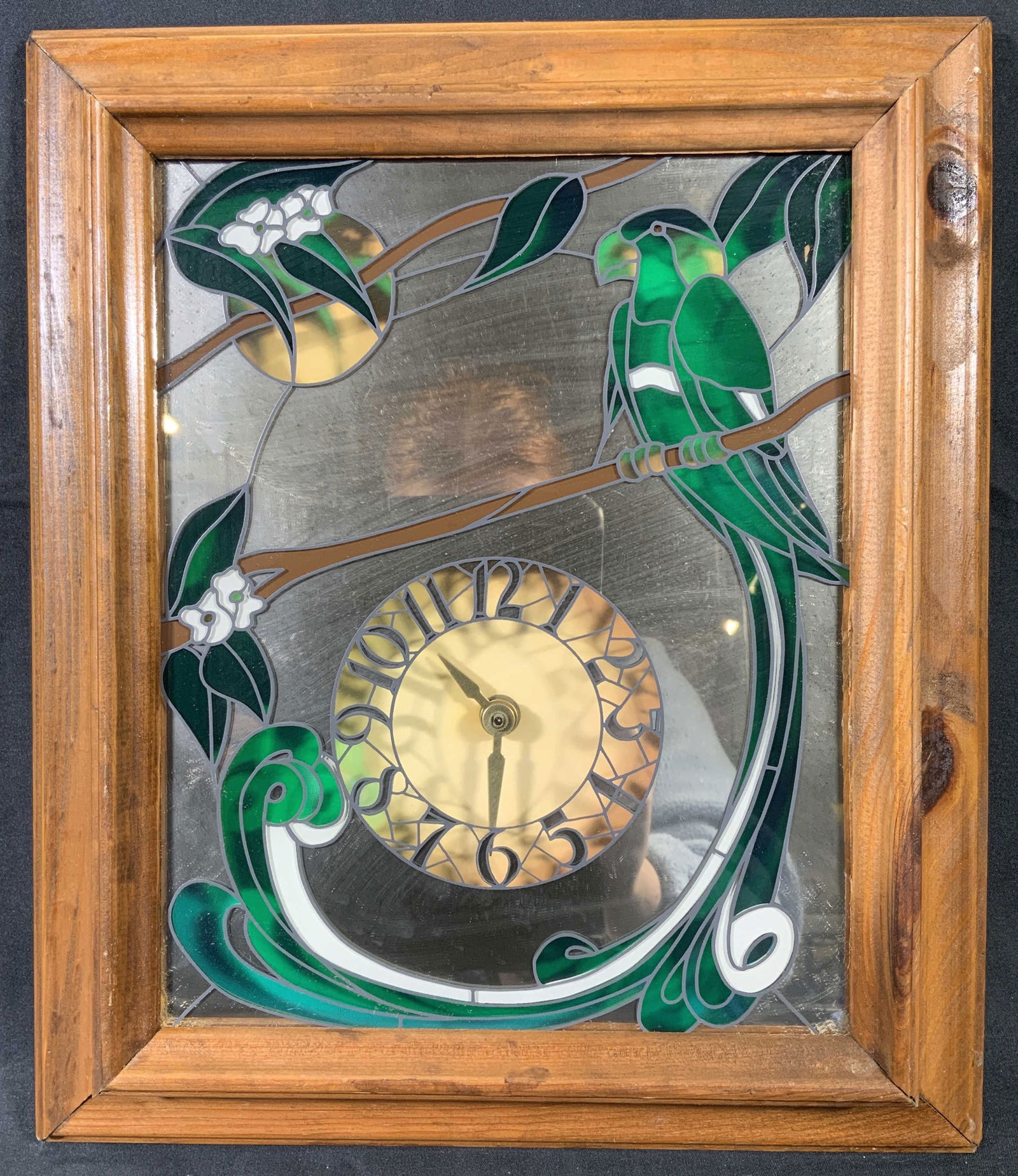 Vntg Stained Glass Mirror Bird Clock Wall Hanging (1 of 9)