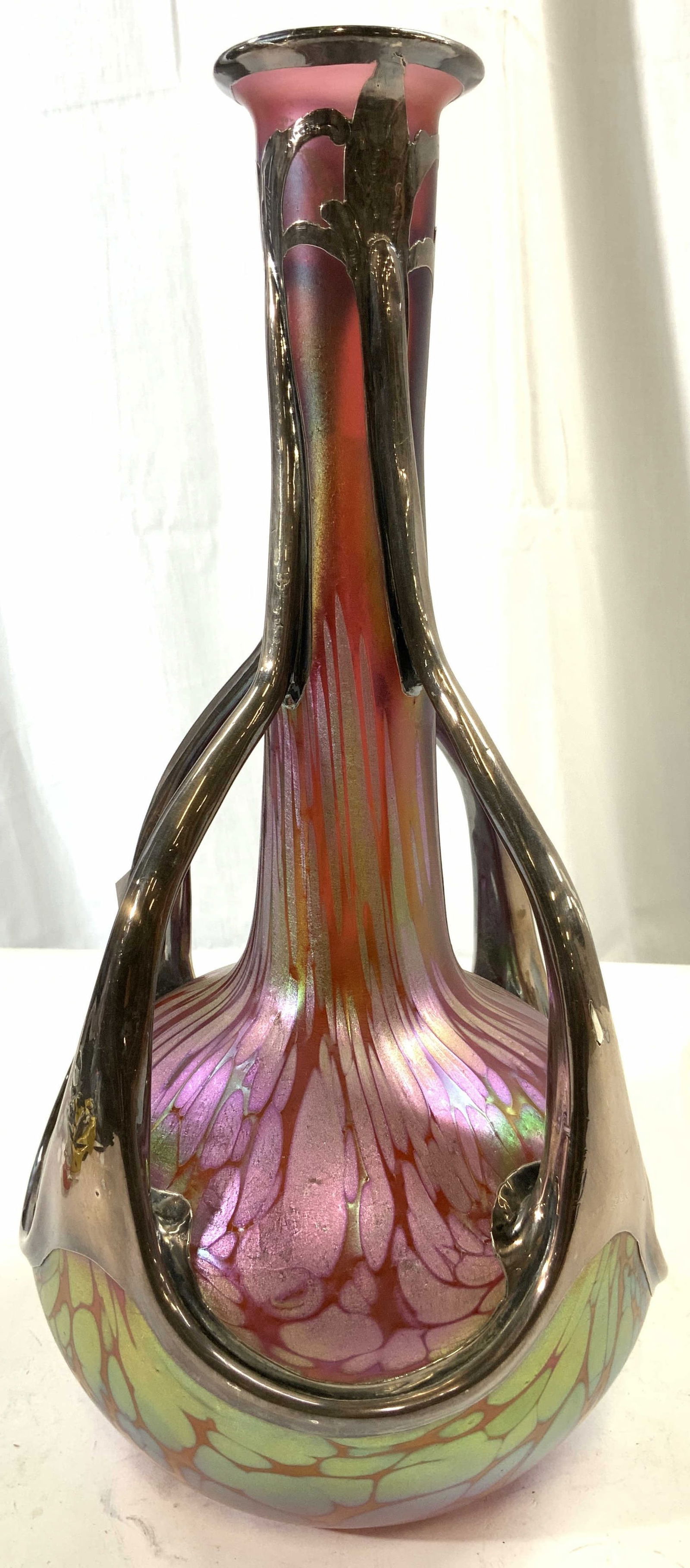 Hand Blown Art Gls Vase w Sterling Silver Overlay (1 of 8)