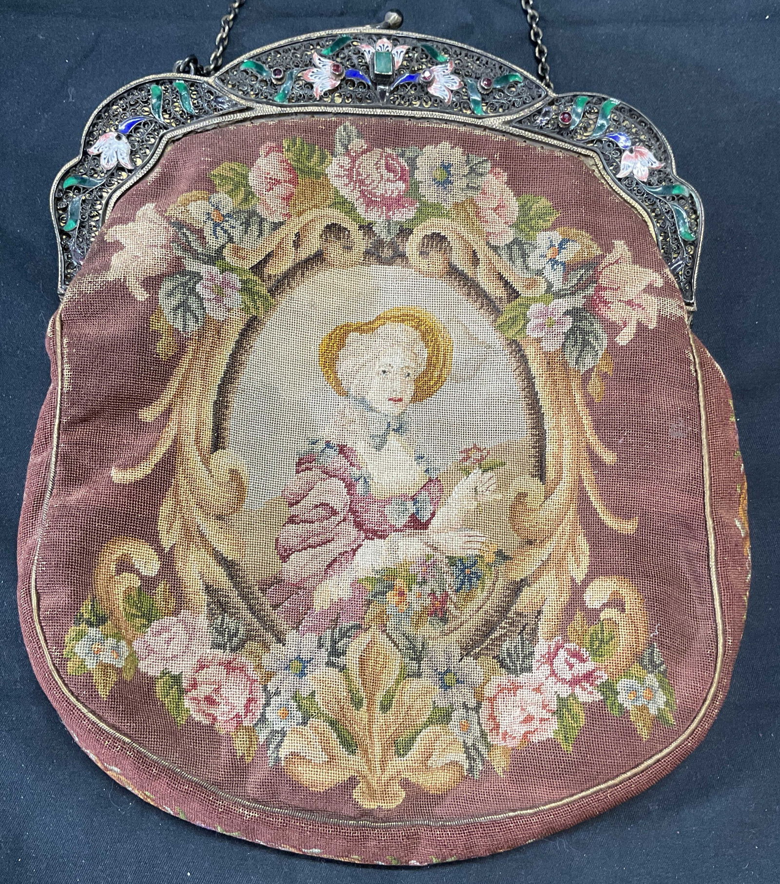 Vntg Floral Portrait Needlepoint Tapestry Handbag (1 of 8)