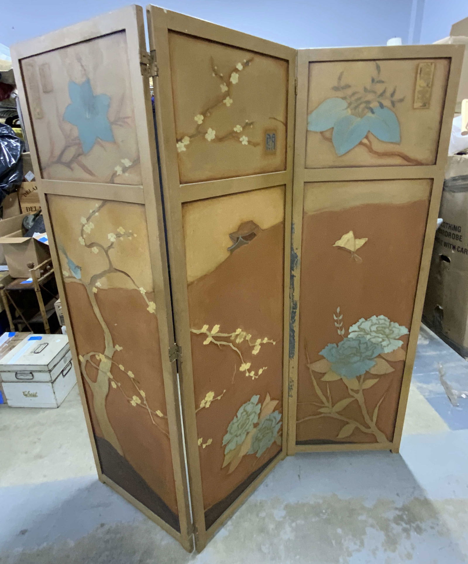 Antique 1920 Signed 3 Panel Painted Folding Screen (1 of 12)