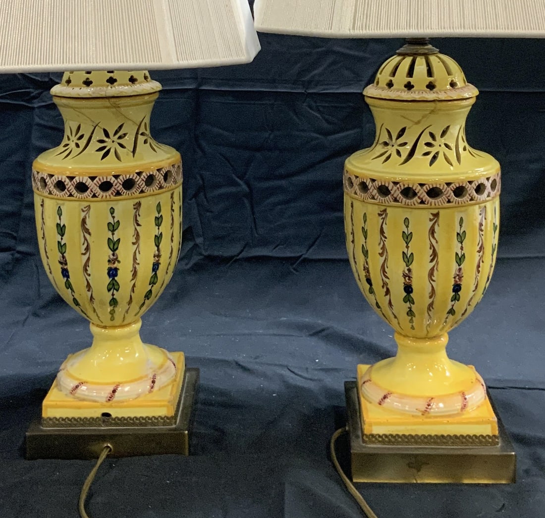 Pair Ceramic Painted Lamps w Octagonal Shades (1 of 11)