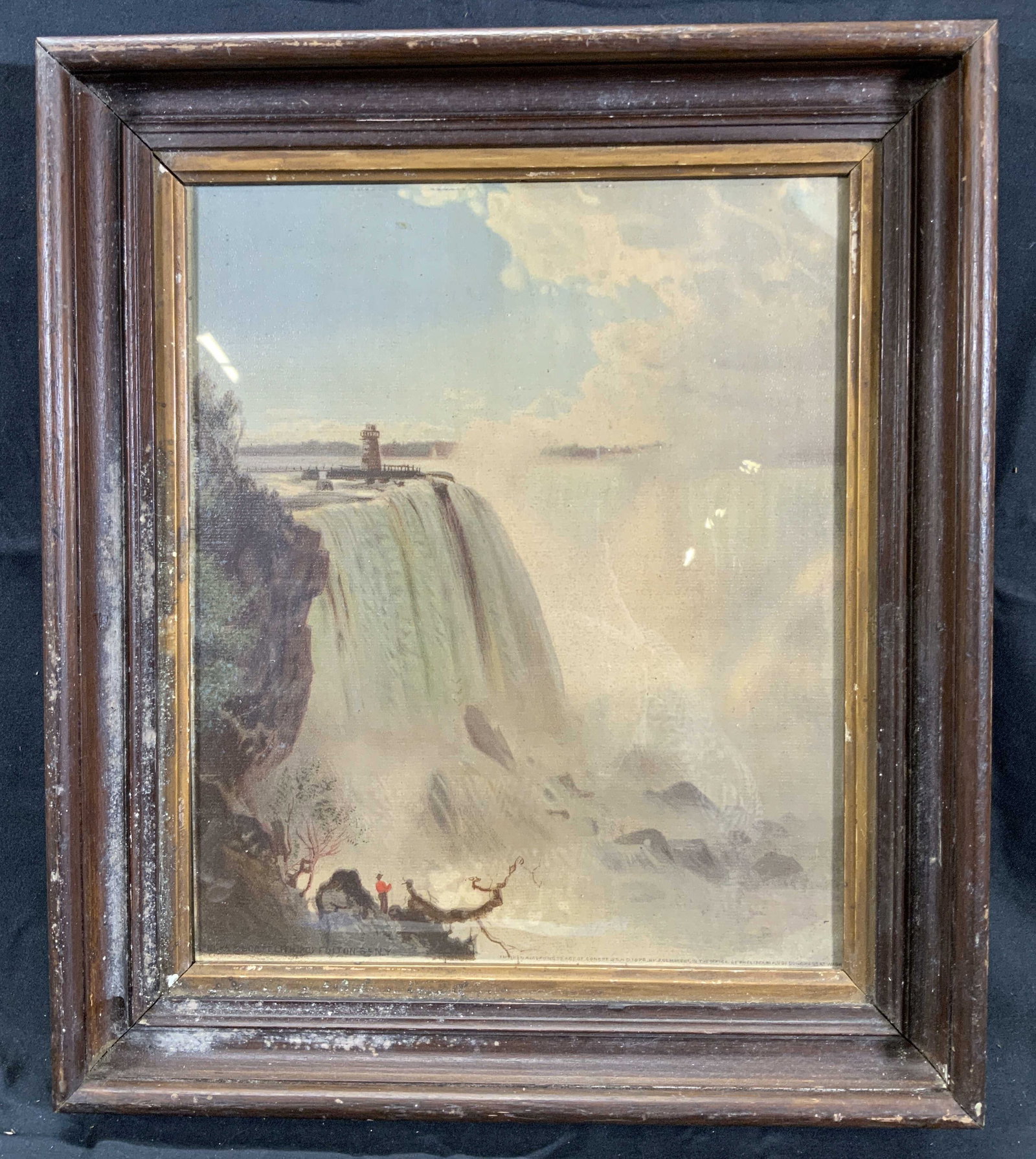 Terrapin Tower Niagara Falls Chromolithograph 1872: Chromolithograph. Drawn by W.J. Demorest. Titled Terrapin Tower, Goat Island, Niagara Falls. Dated 1872. Subject depicts an a landscape of the Niagara Falls and a man in a red sweater. Framed in woode