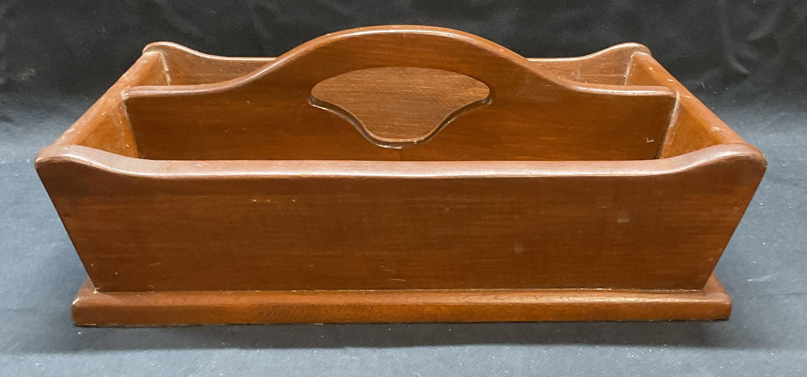 Antique Wooden Cutlery Box with Handle: Antique wooden cutlery box with handle. Two compartments. Measures approx. 11.5 x 8.5 x 5 inches. Some surface wear including scratching observed. Antiques, collectibles, antique cutlery box, wood cut
