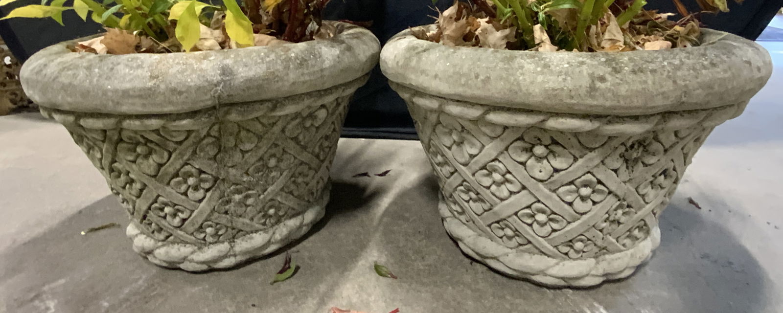 Pair Vintage Cement Floral Basket Motif Planters (1 of 10)