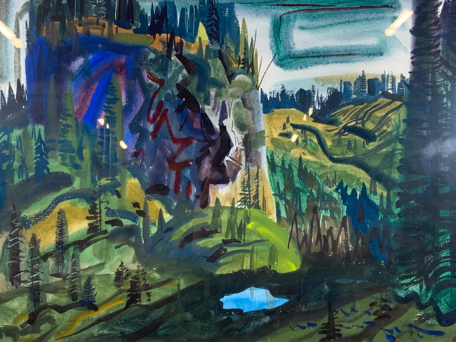 James Edward Peck Mountain Meadow Watercolor 1952: Watercolor on paper. Signed in lower left corner. Signature reads James Edward Peck. Titled Mountain Meadow ( off Chinook Pass). Dated August, 1952. Subject depicts a landscape of a mountain valley wi