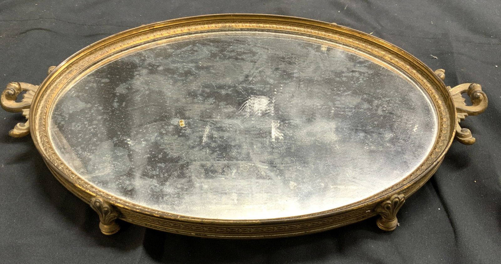Vntg Footed Gilt Metal Mirrored Vanity Tray (1 of 8)
