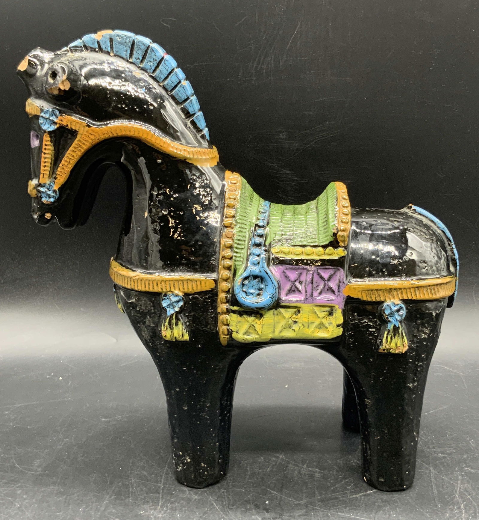 BITOSSI Vintage Italian Pottery Horse Figural: A vintage pottery horse figural. Underside signed ITALY, 8345. Other lettering / numbers illegible. Appears to be BITOSSI, possibly BITOSSI style. Painted black and multicolored hues. Thick walled and