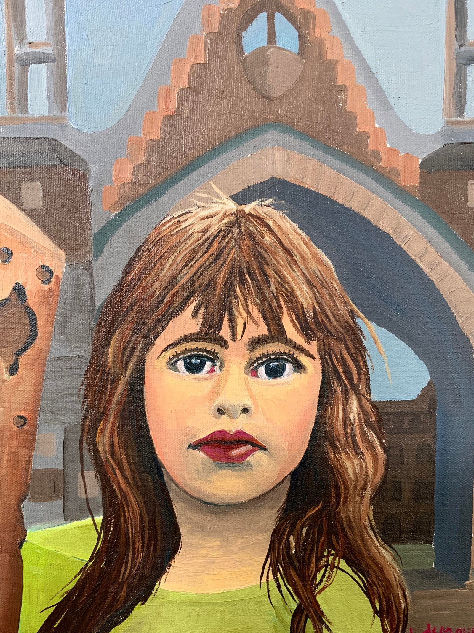 L de Mourer Vintage Portrait Acrylic Painting 1980: Acrylic paint on canvas. Signed in lower right corner. Signature reads L. de Mourer. Dated 1980 in lower right corner. Subject depicts the bust of a young woman in front of an arched Building. Paint d
