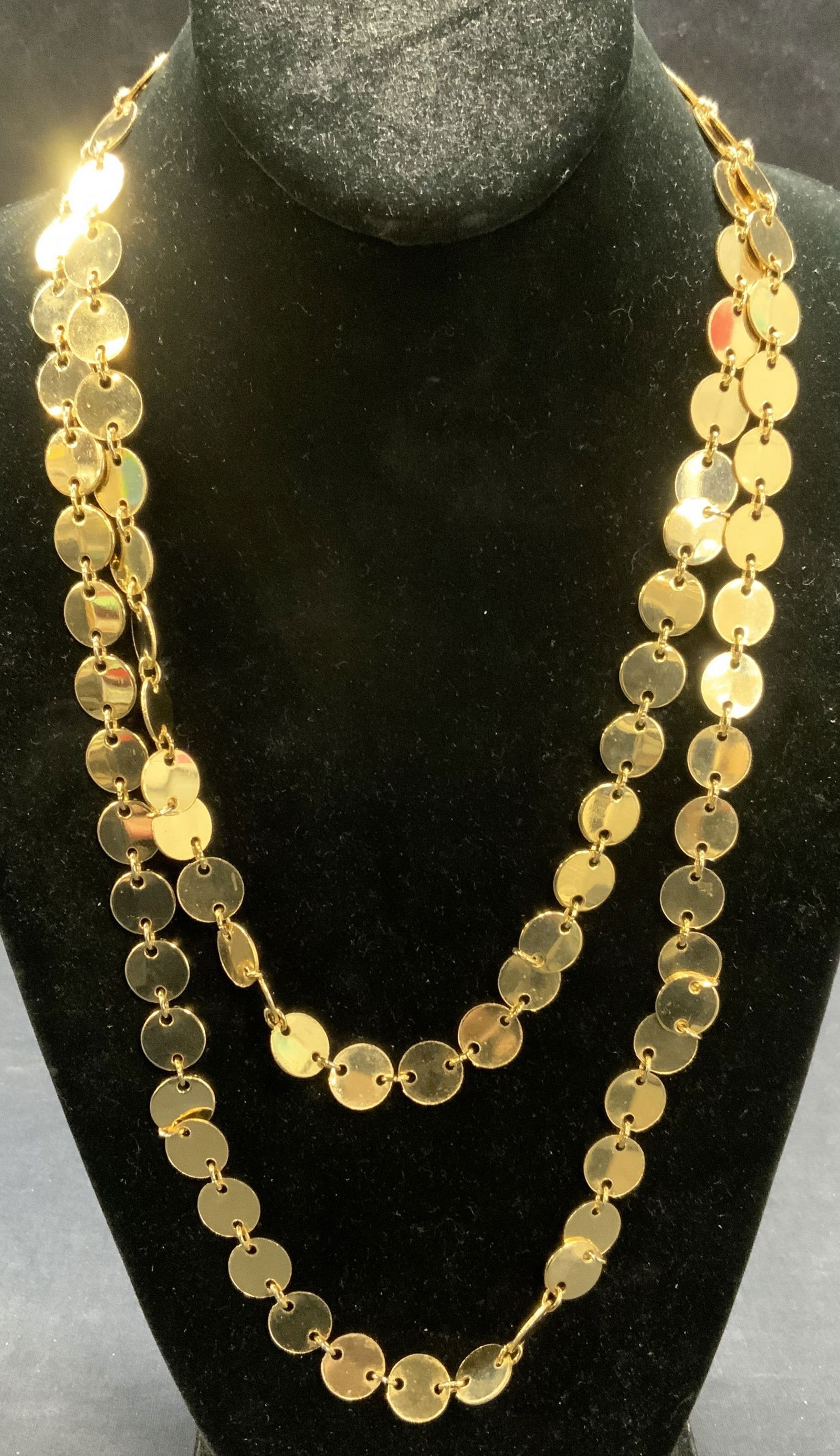 Gold Tone Disc Beaded Necklace: Gold tone disc beaded necklace. Drop length approx. 25 inches. Some scratching observed. Estate jewelry, costume jewelry, cocktail jewelry, fashion jewelry, accessories, fashion accessories, wearables