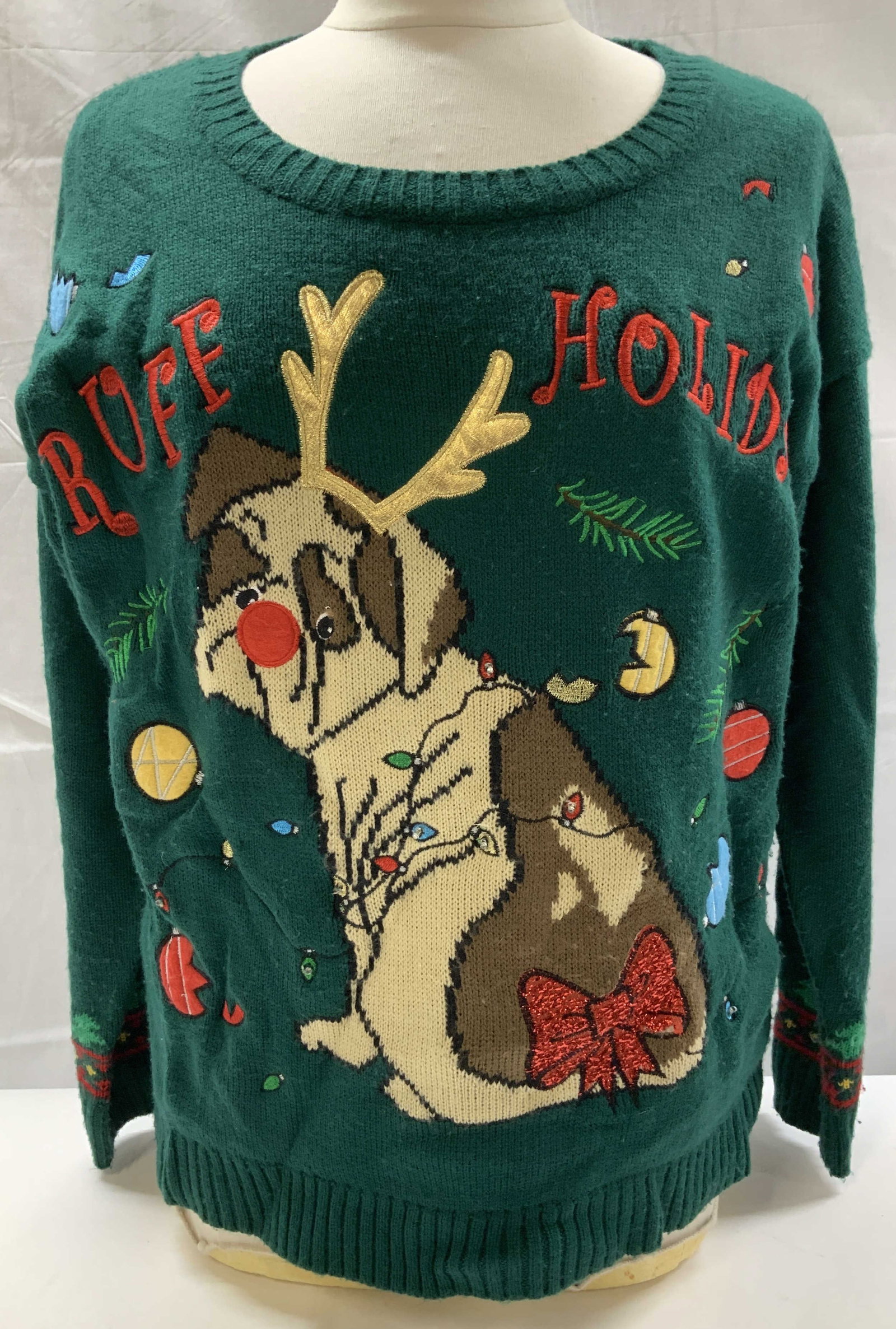 Blizzard Bay Holiday Dog Reindeer Sweater: Size Large Green acrylic sweater with dog dressed with antlers and broken tree ornaments around him. Sweater reads Ruff Holiday originally wired to light up, can cut out wires or have it repaired. Pil