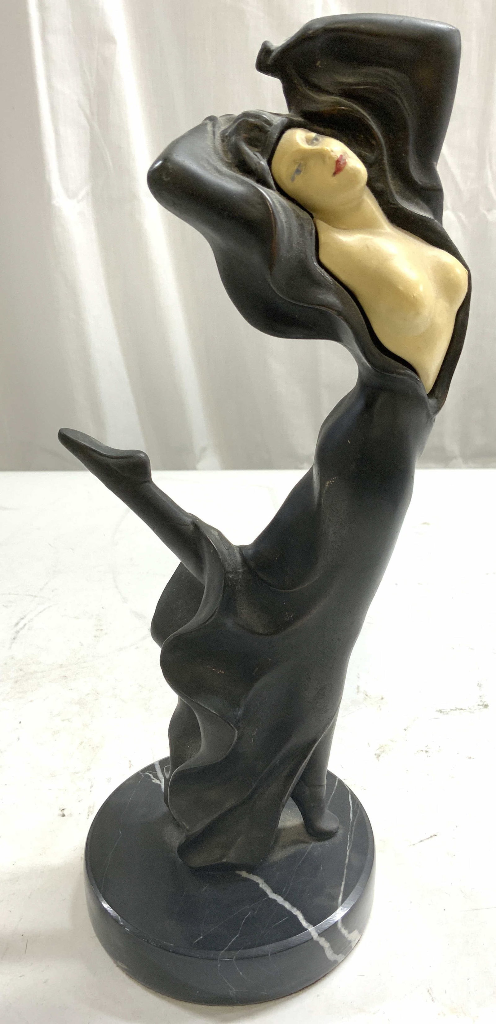JB HIRSCH Cast Metal Partial Female Nude Dancer: Piece reads COLLECTION FRANCHAISE. Dance figure is cast metal. Depicts a partially female nude figure with one leg raised. Piece has black toned circular form marble base. Dancer figure measures appro