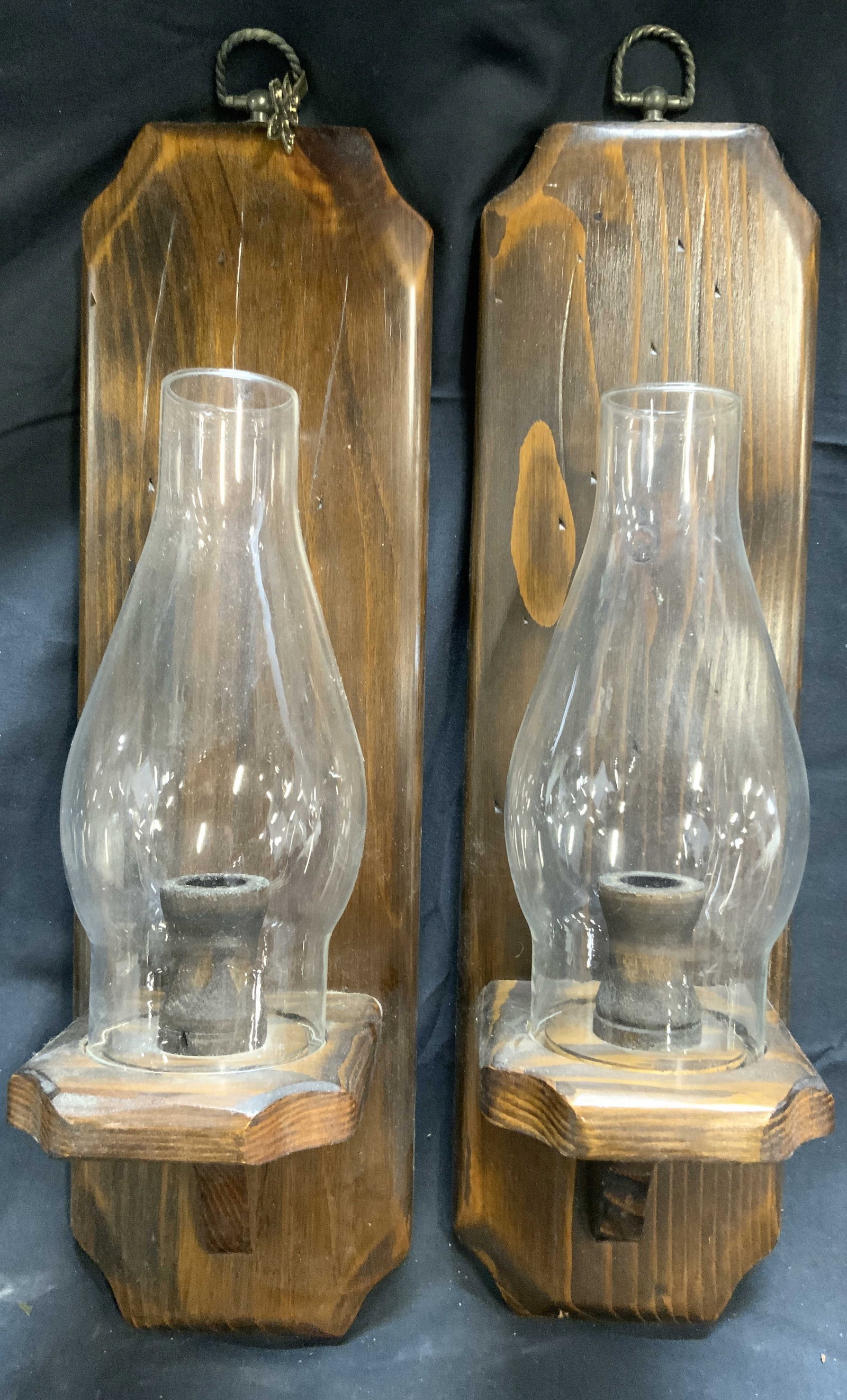 Pair Hurricane Glass Wooden Wall Sconces (1 of 6)