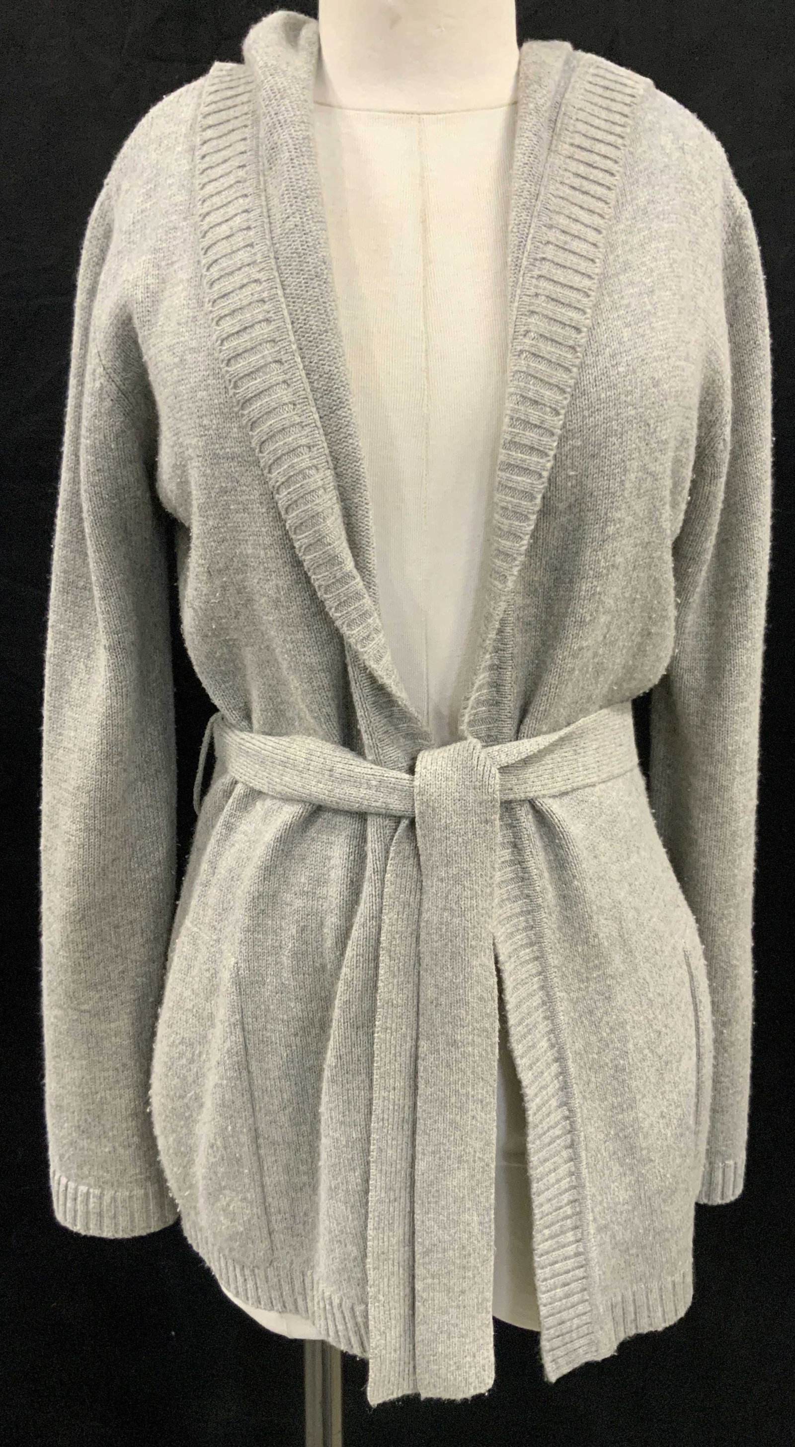 Acrobat Cashmere & Silk Hooded Cardigan Robe: Gray toned cardigan robe with waist tie and hood, marked Acrobat, silk & Cashmere. Long sleeve with pockets. Size small. Evident pilling to Fabric. Acrobat cardigan. Cardigan. Ladies clothing, overwea