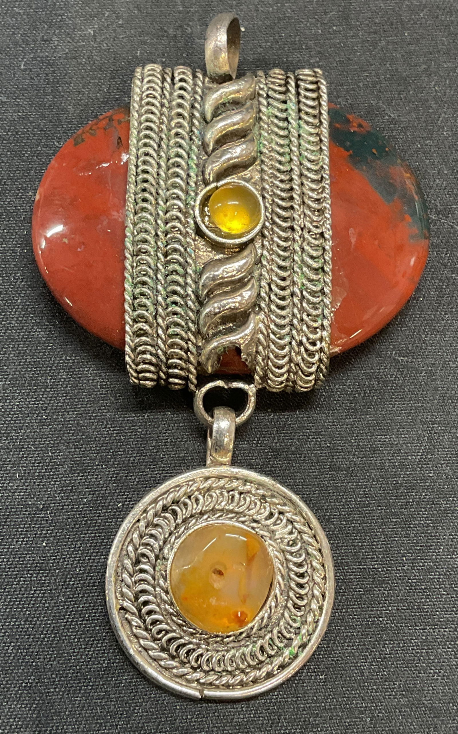 Silver Tone Red & Yellow Agate Pendant (1 of 6)