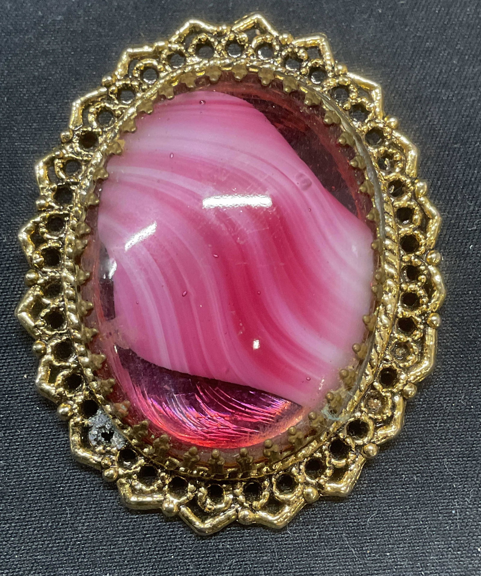 Vintage AB Gold Tone Pink Cabochon Brooch: Vintage AB gold one bro with pink cabochon decoration. Hinge pin to underside. Signed to underside. Measures approx. 2 x 1.75 inches. Some surface wear including scratching observed. Jewelry, estate j