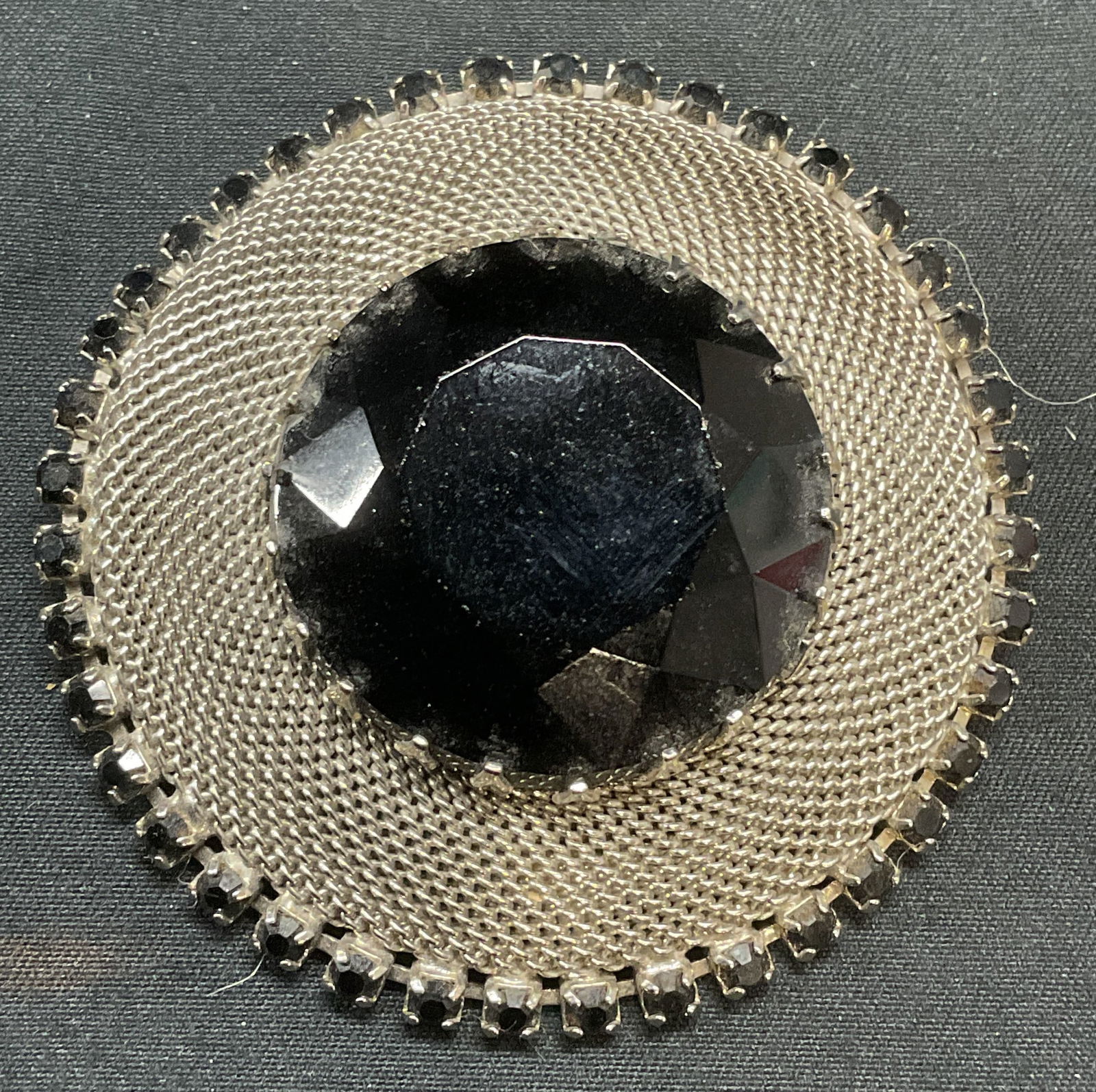 Silver Tone Black Crystal Round Brooch (1 of 7)
