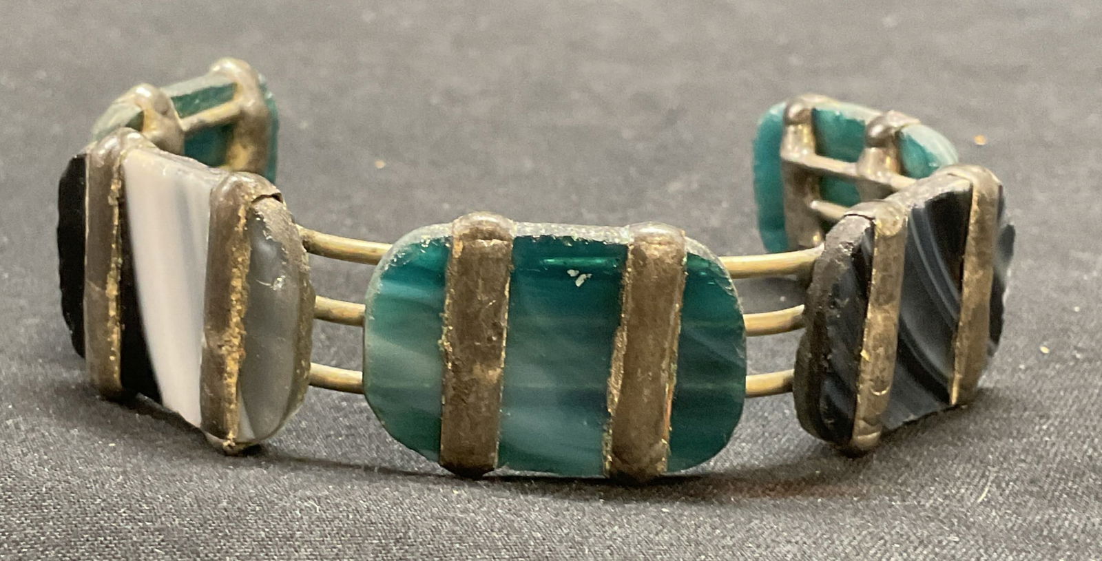 Signed Silver Tn Blue Art Glass Cuff Bracelet (1 of 6)