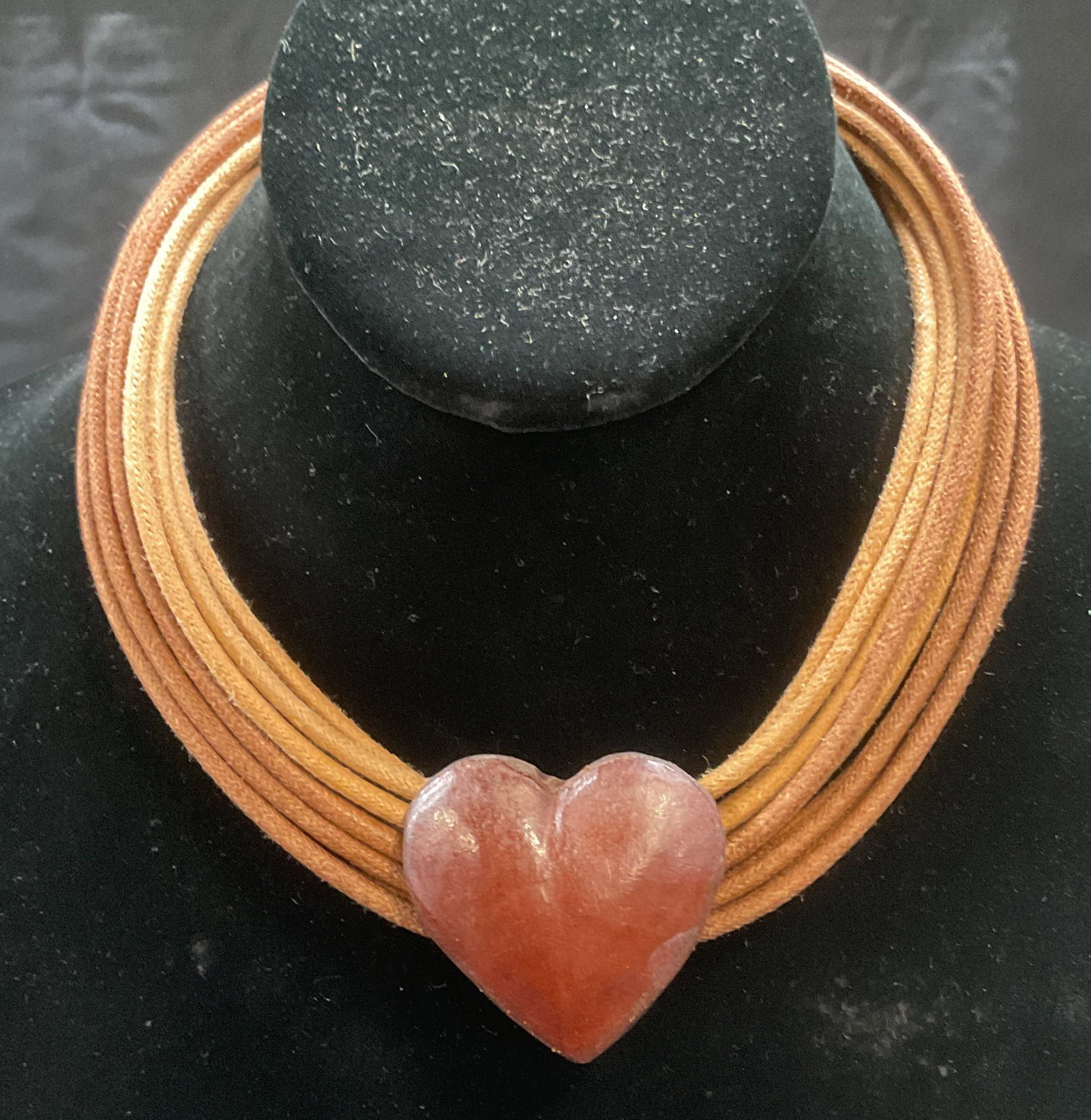 Cillabijoux Brown Cord Heart Pendant Necklace: Cillabijoux brown cord multi strand choker necklace with heart pendant. Signed on hang tag. Drop length approx. 7 inches. Some surface wear including scratching observed. Jewelry, estate jewelry, cost