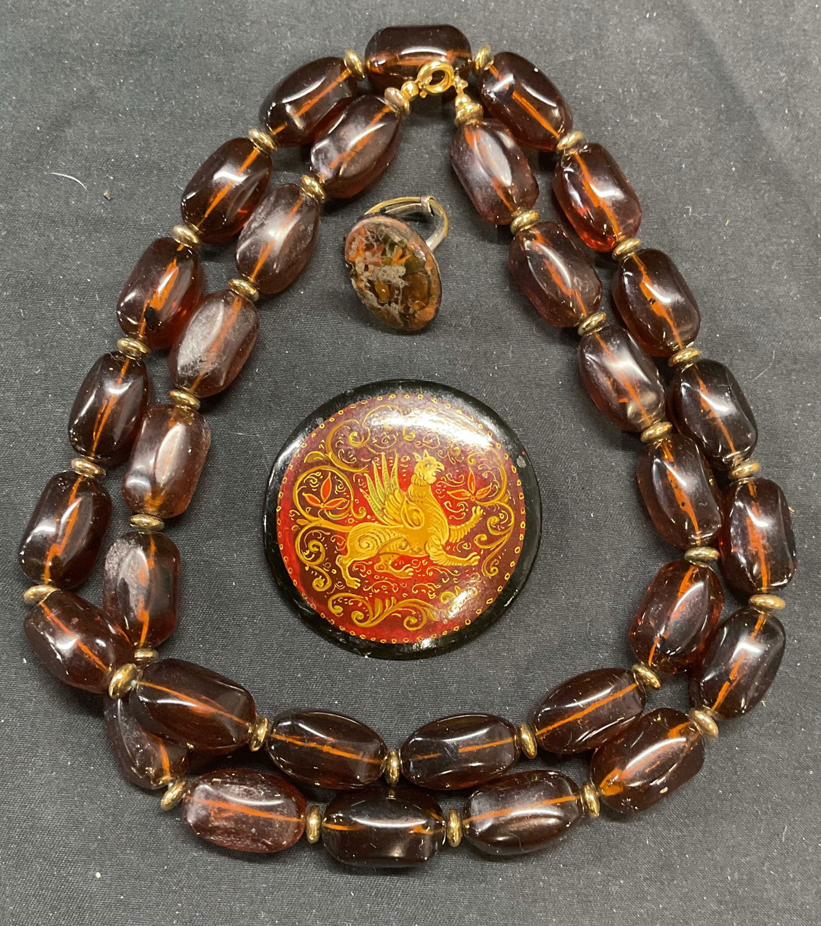 Lot 3 Amber Tone Beaded Necklace & Ring + (1 of 9)