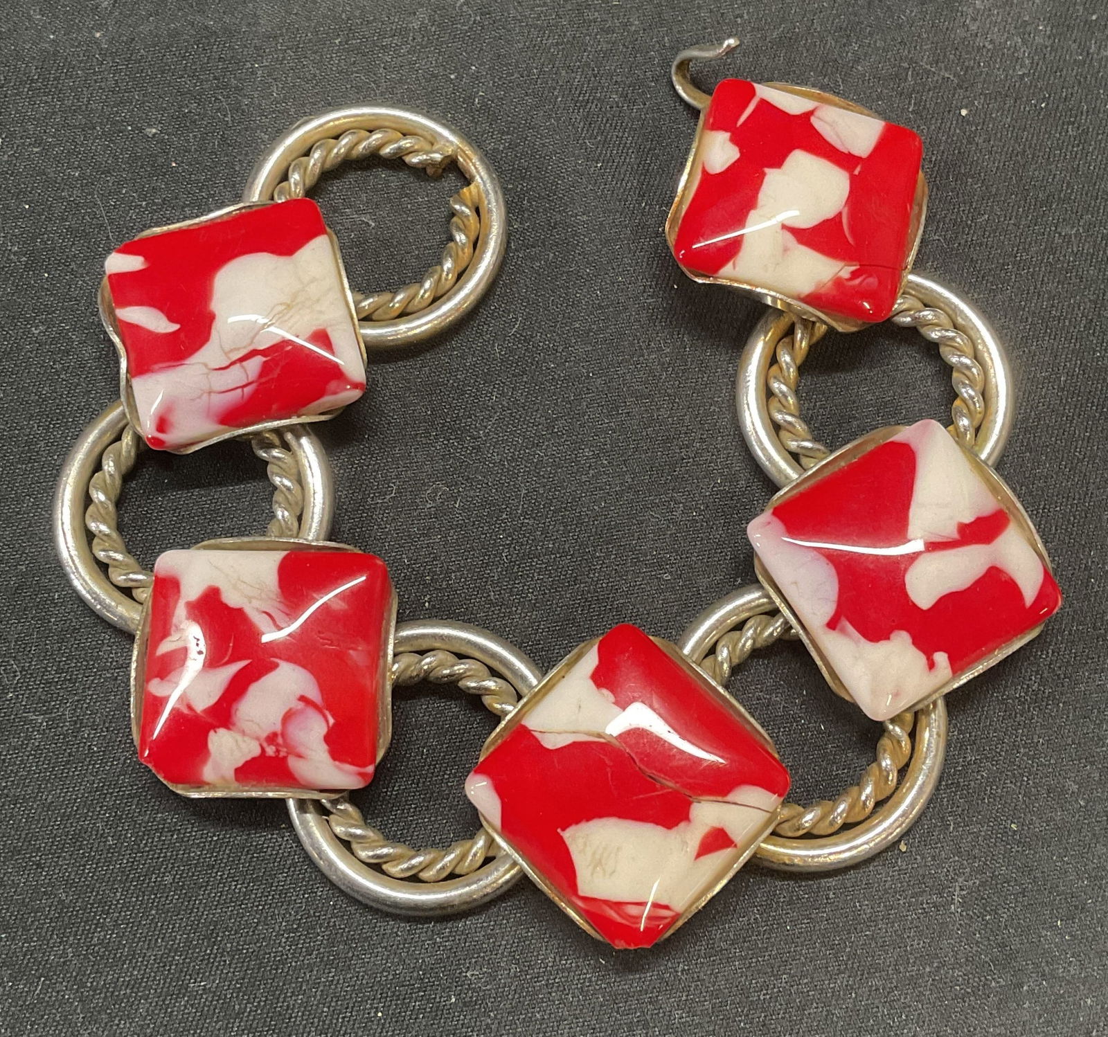 Vintage Silver Tone Red Cabochon Bracelet (1 of 6)