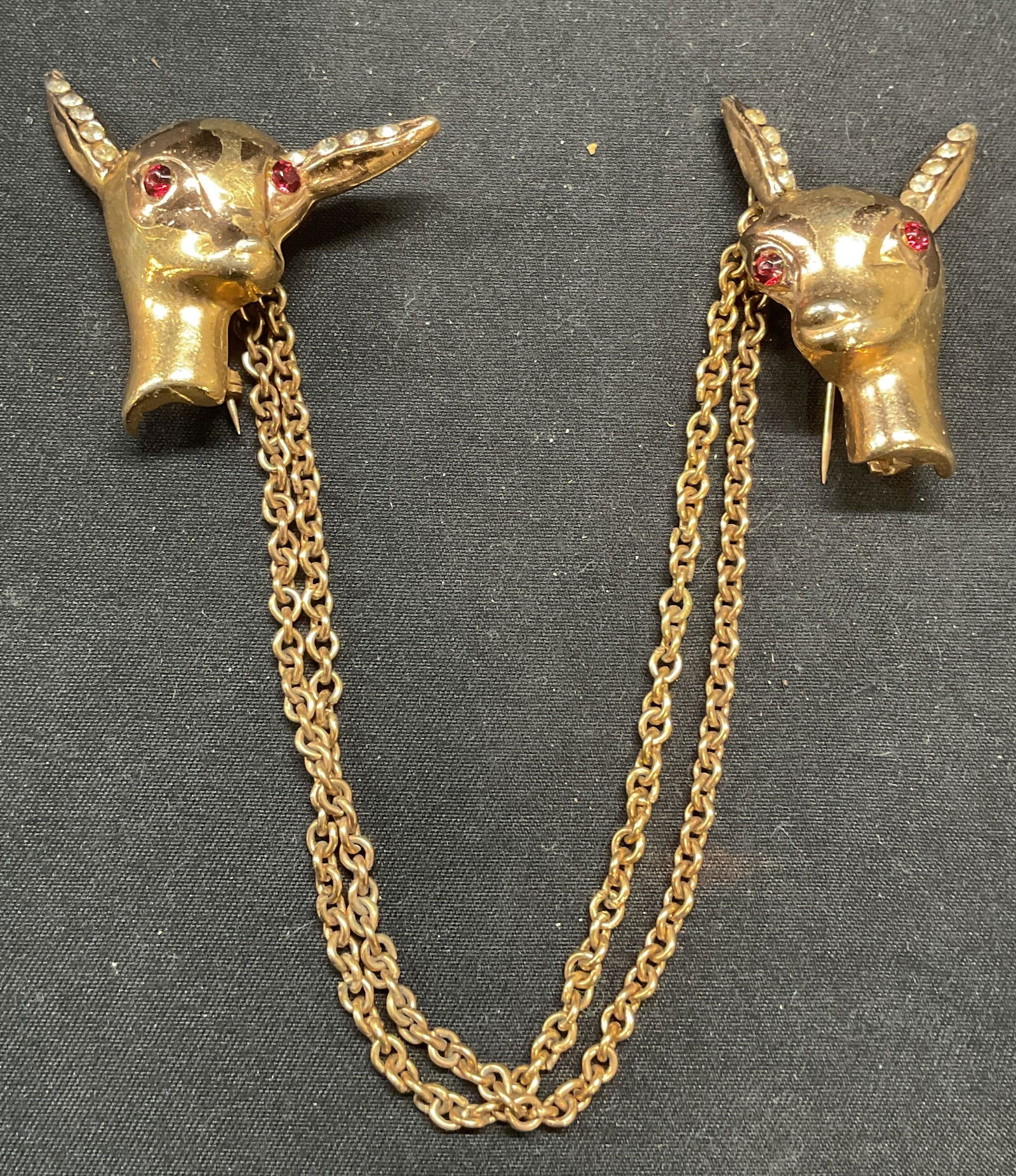 Vntg Gold Tn Deer Head Crystal Double Brooch (1 of 6)