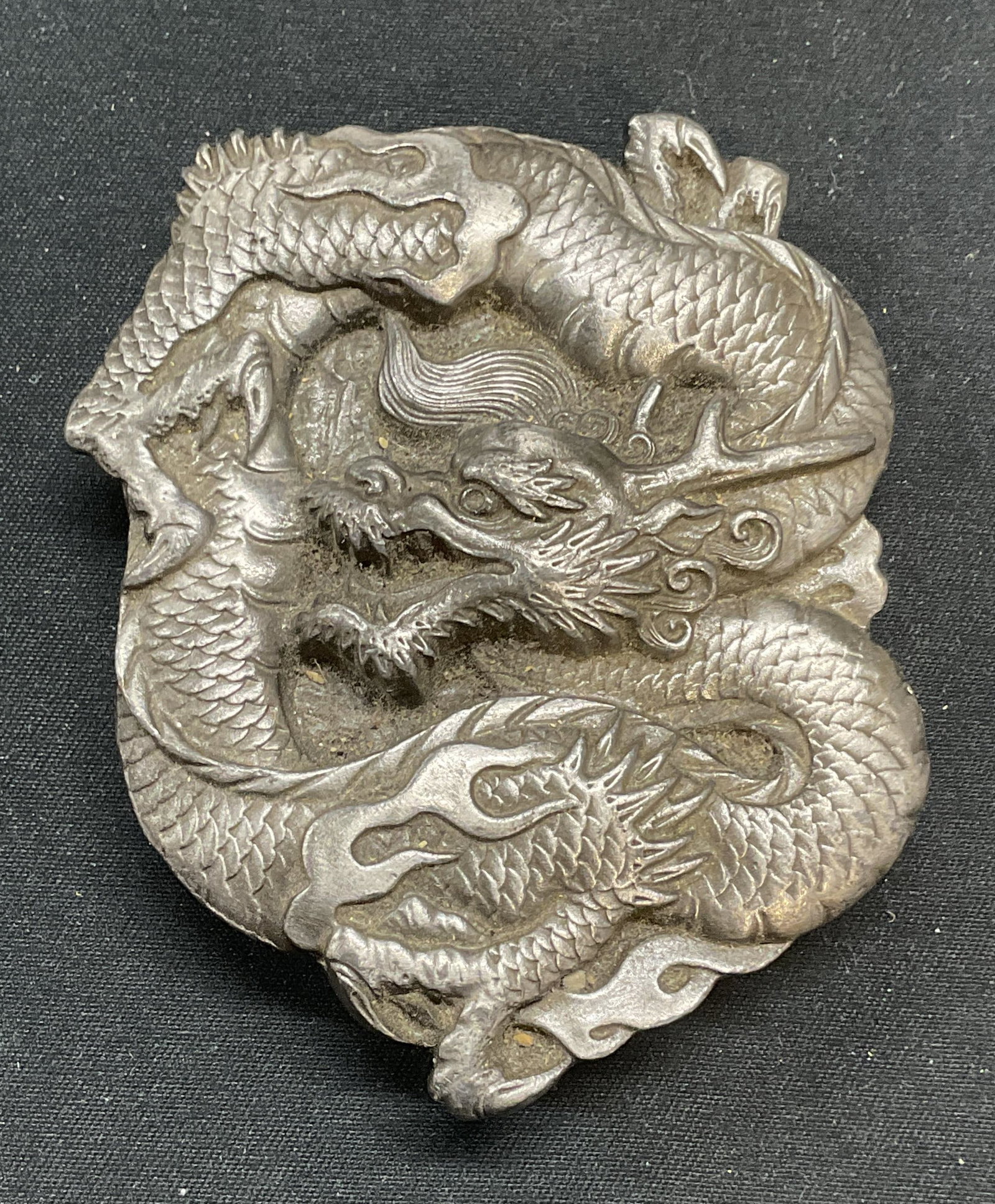 Vntg Bergamot Brass Works Asian Dragon Buckle USA: Vintage 1984 Bergamot Brass Works Asian dragon motif belt buckle/brooch. Hinge pin glued to underside. Signed to underside. Made in USA. Measures approx. 2.75 x 2.25 inches. Piece has weight. Some sur