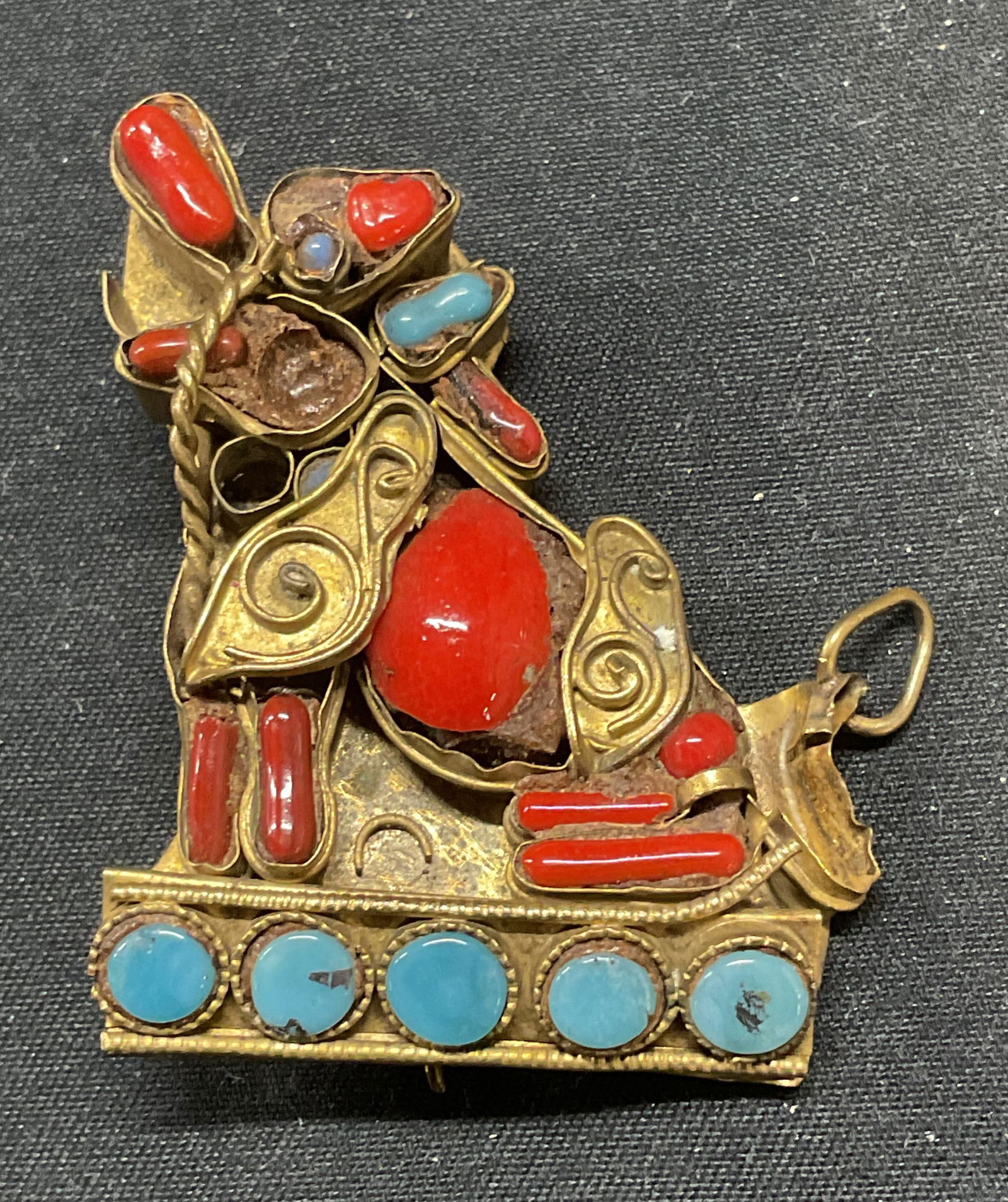 Vintage Brass, Coral, Turquoise Foo Dog Brooch (1 of 6)