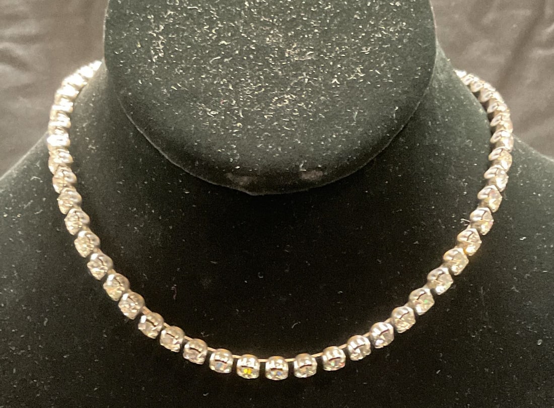 Vintage Silver Tone Crystal Choker Necklace: Vintage silver tone choker necklace with colorless crystal decoration. Drop length approx. 6.5 inches. Some surface wear including scratching observed. Jewelry, estate jewelry, costume jewelry, cockta