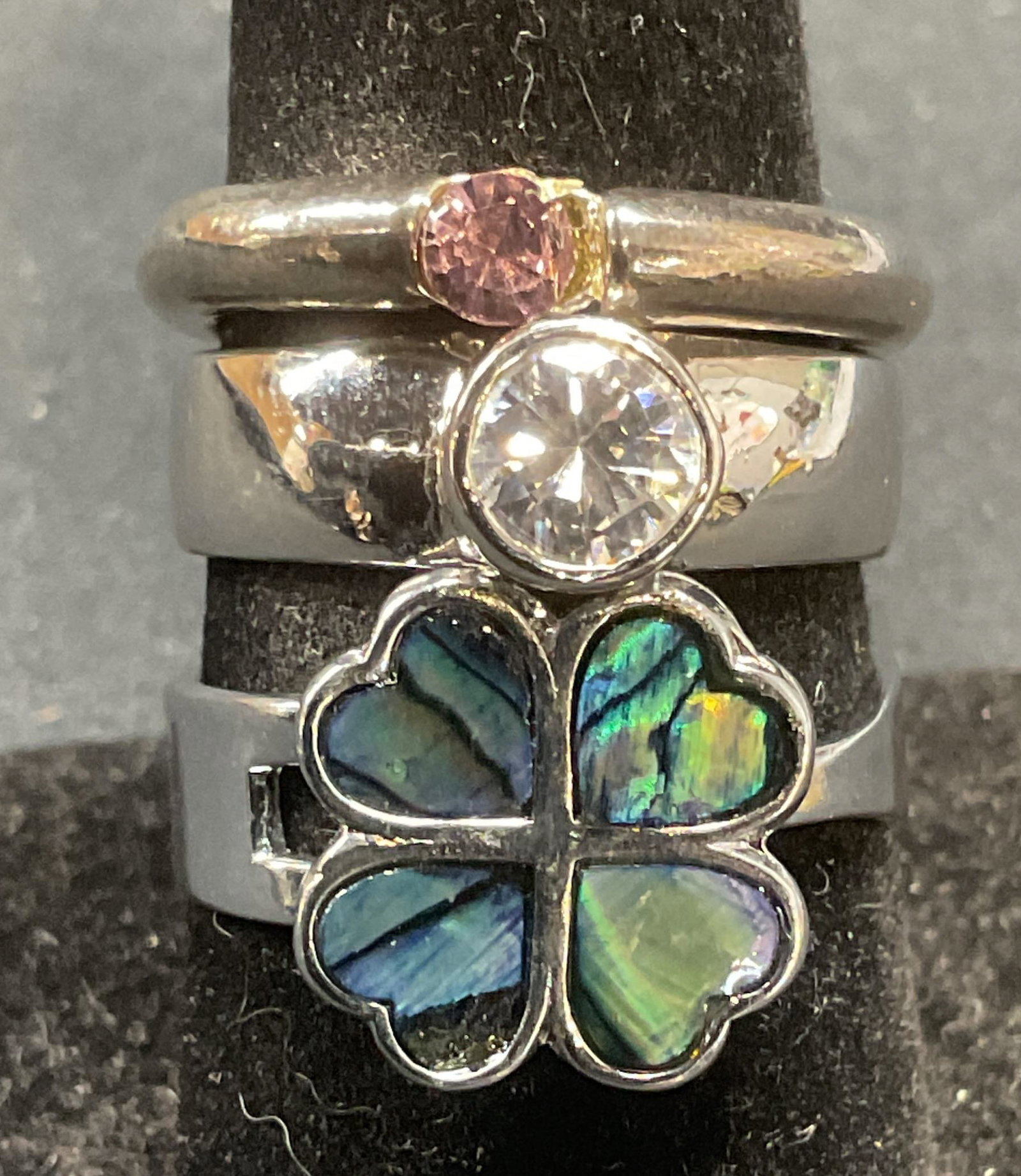 Lot 3 Silver Tone Abalone & Crystal Rings (1 of 7)