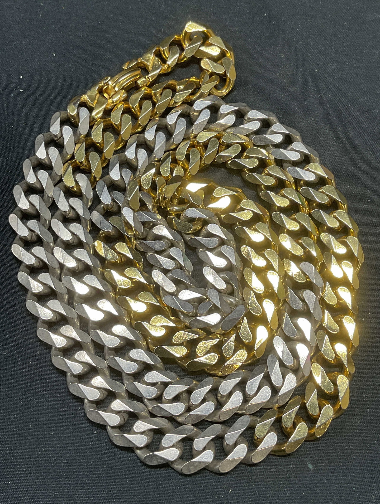 Vintage Heavy Silver & Gold Tn Chain Necklace: Vintage heavy silver and gold tone curb chain necklace. Drop length approx. 16.5 inches. Some surface wear including scratching observed. Jewelry, estate jewelry, costume jewelry, cocktail jewelry, fa