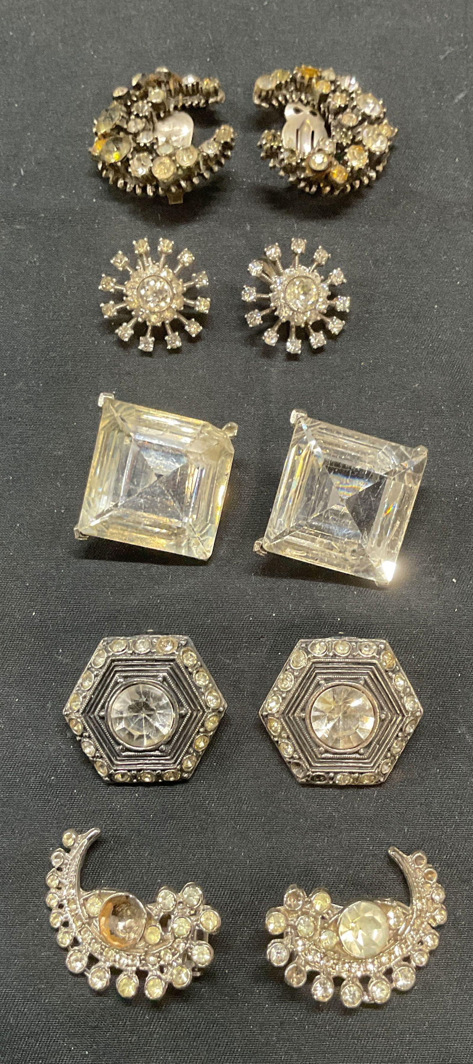Lot 6 Kenneth Lane, Gibanels + Crystal Earrings: Lot of 6 jewelry pieces. Vintage Kenneth Lane silver tone square crystal clip on earrings. Signed to underside. Vintage Gibanels silver tone geometric crystal clip on earrings. Signed to underside. Vi