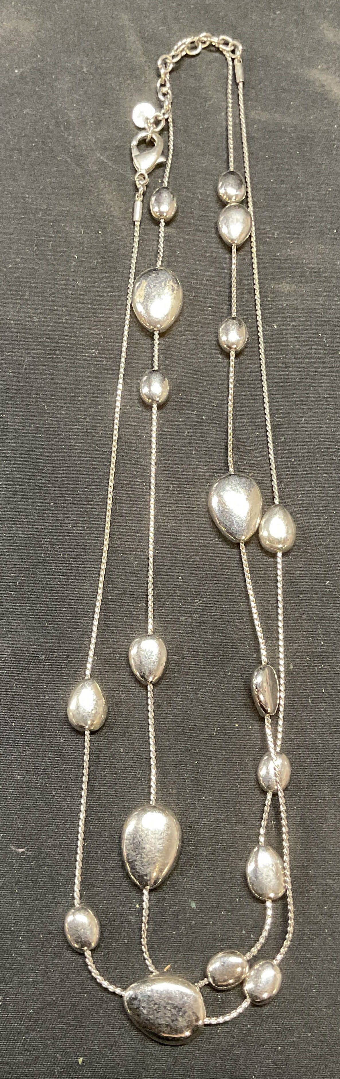 Halogen Silver Tone Drop Bead Necklace: Halogen silver tone necklace with drop shaped beads. Signed on hang tag. Necklace drop length approx. 19 inches. Some surface wear including scratching observed. Jewelry, estate jewelry, costume jewel