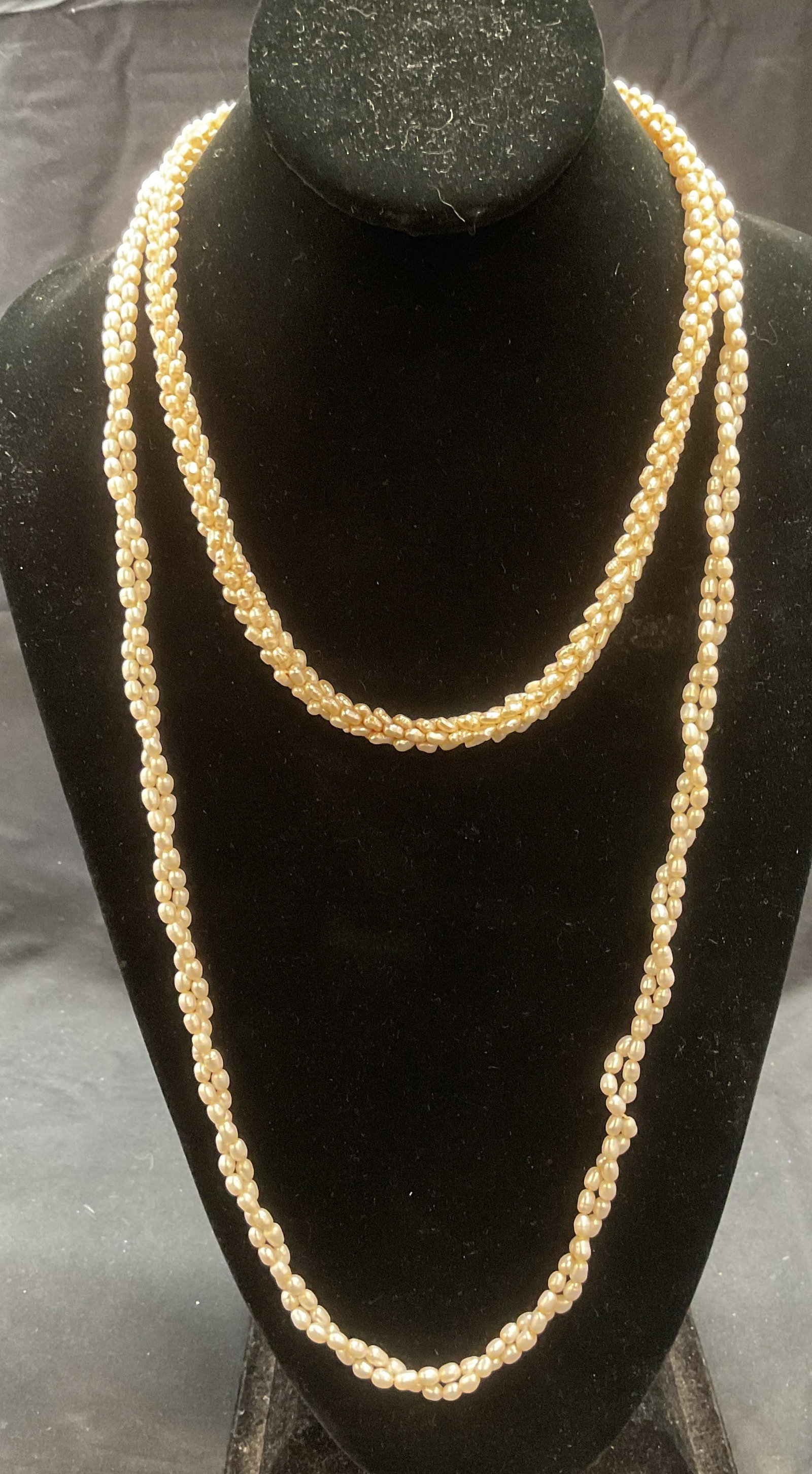 Lot 2 Vintage Seed Pearl Necklaces: Lot of 2 vintage seed pearl necklaces. 1 necklace with seed pearl rope and 1 necklace with twisted double strand. Longer necklace drop length approx. 15 inches. Some surface wear to each including scr