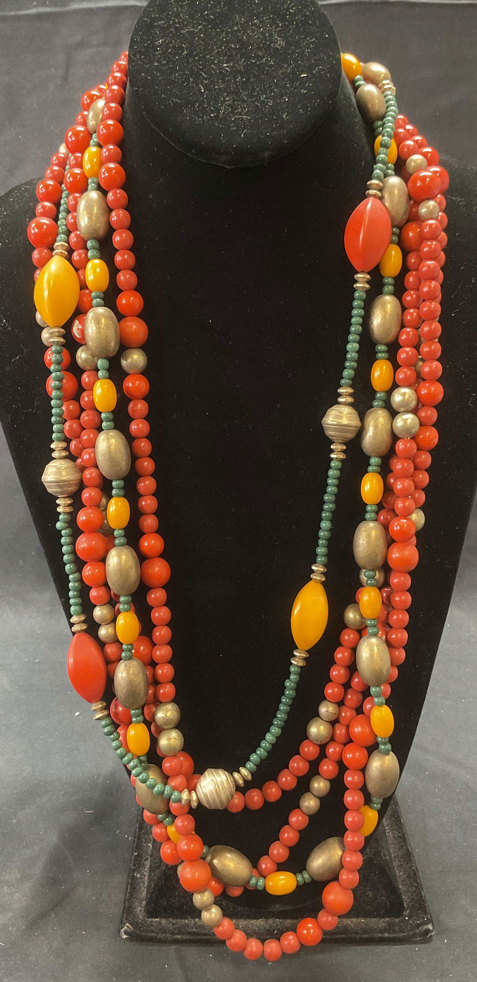 Vintage Red, Orange, Green, Gold Tn Necklace (1 of 6)