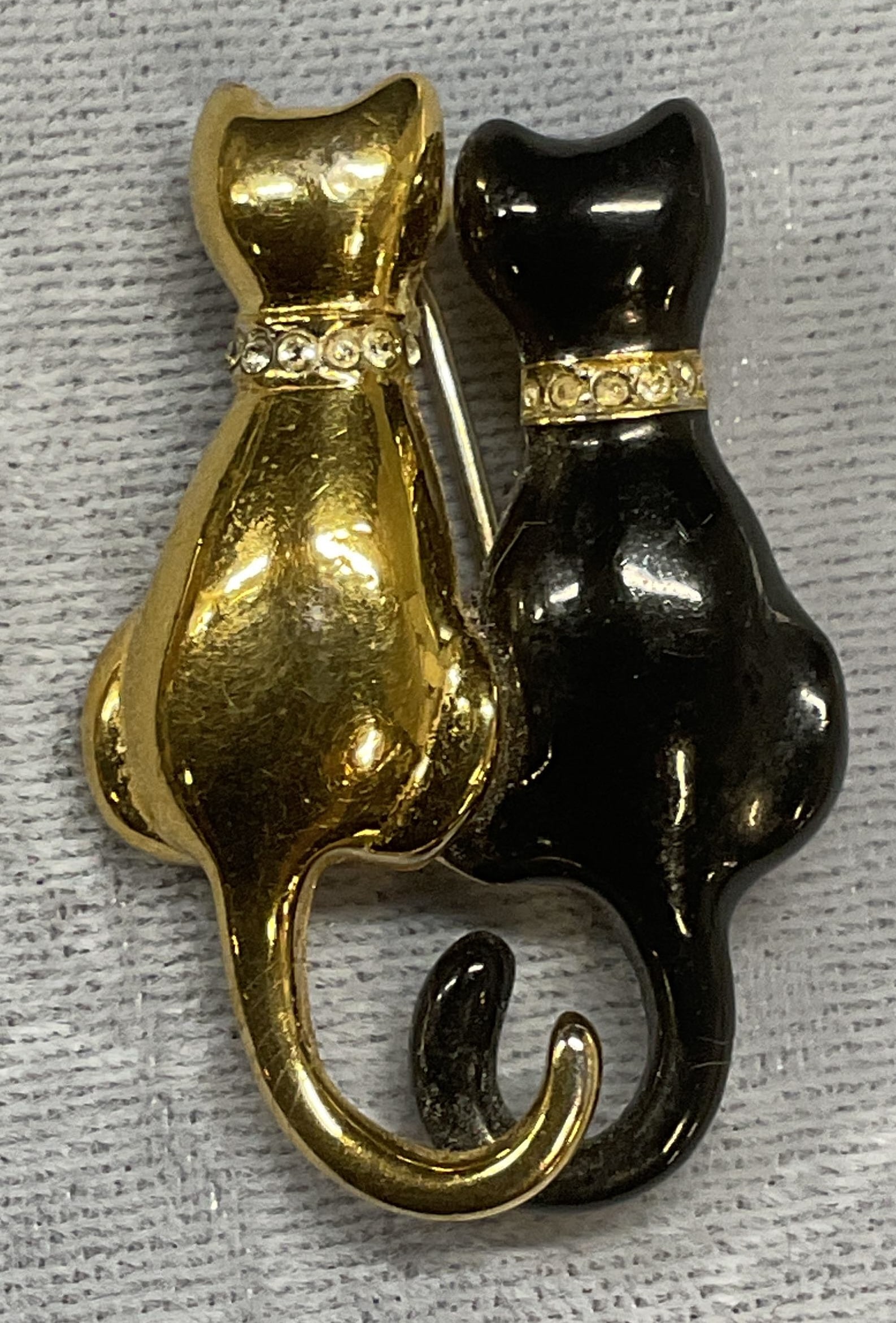 Gold Tone Black Enamel Crystal Cat Brooch (1 of 6)