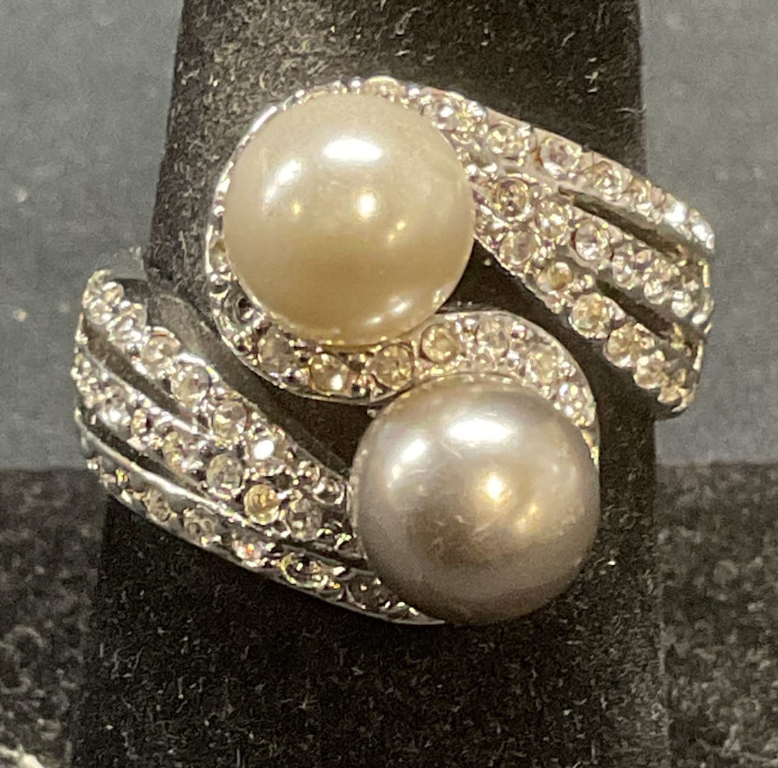 18k Gold Fill Crystal Faux Pearl Toi Et Moi Ring (1 of 6)