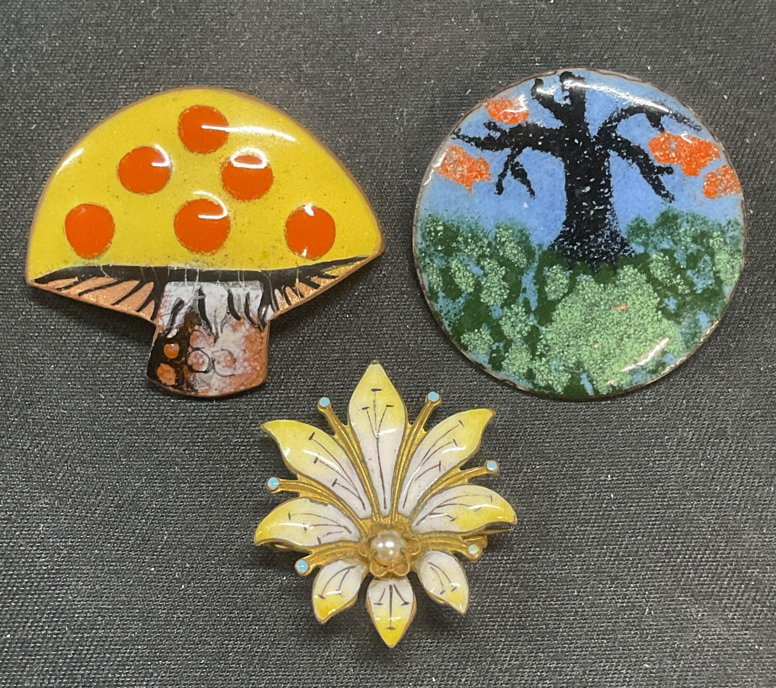 Lot 3 Signed Enamel Copper Mushroom Brooch + (1 of 7)