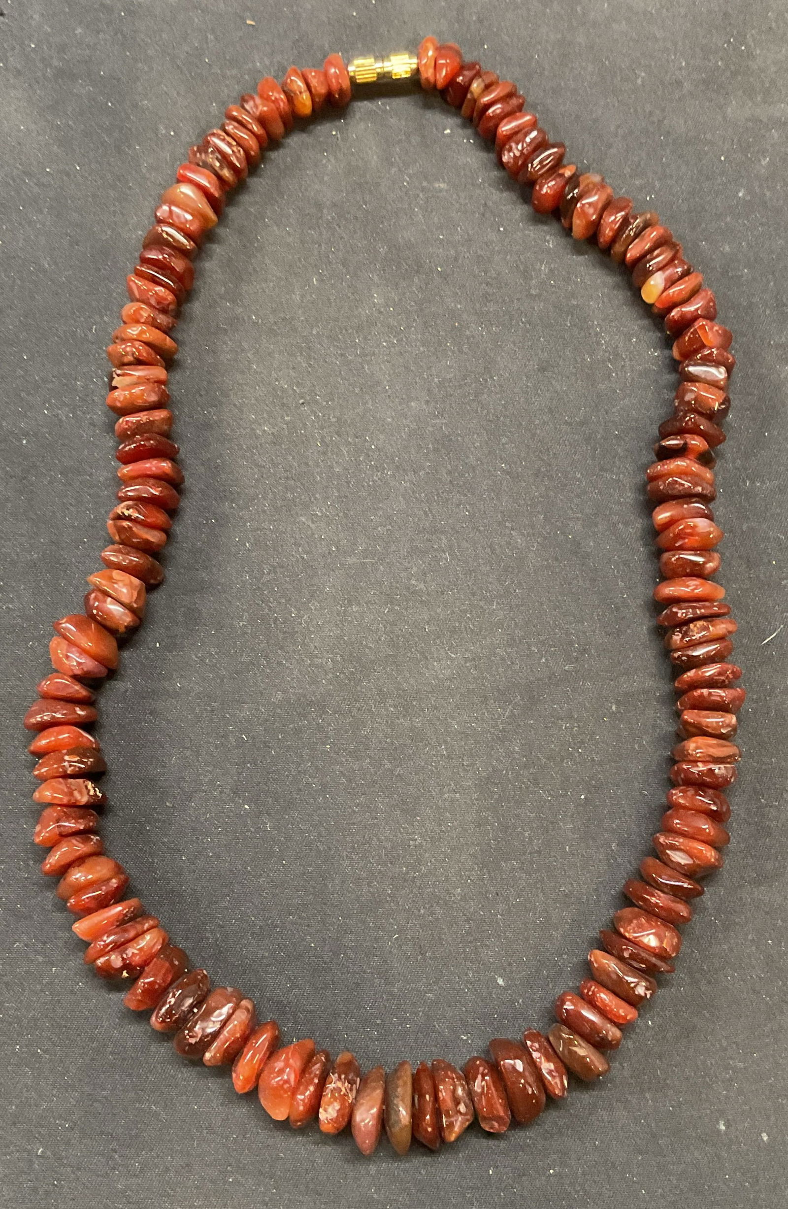 Vintage Carnelian Nugget Beaded Necklace: Vintage carnelian nugget beaded necklace. Drop length approx. 9 inches. Total weight 99.0 grams. Some surface wear including scratching observed. Jewelry, estate jewelry, fine jewelry, cocktail jewelr