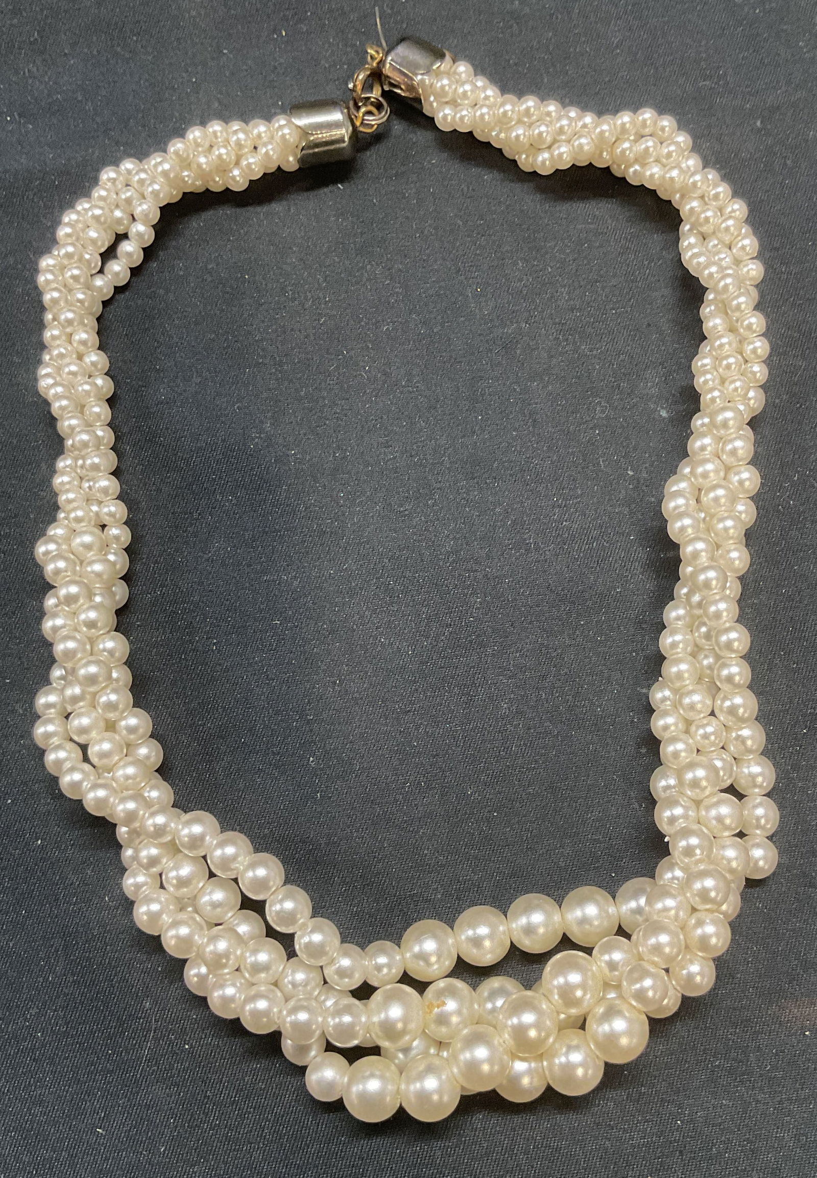 Faux Pearl Beaded Twisted Rope Necklace: Faux pearl beaded twisted rope choker necklace with 4 strands. Drop length approx. 7 inches. Some surface wear including scratching observed. Jewelry, estate jewelry, costume jewelry, cocktail jewelry
