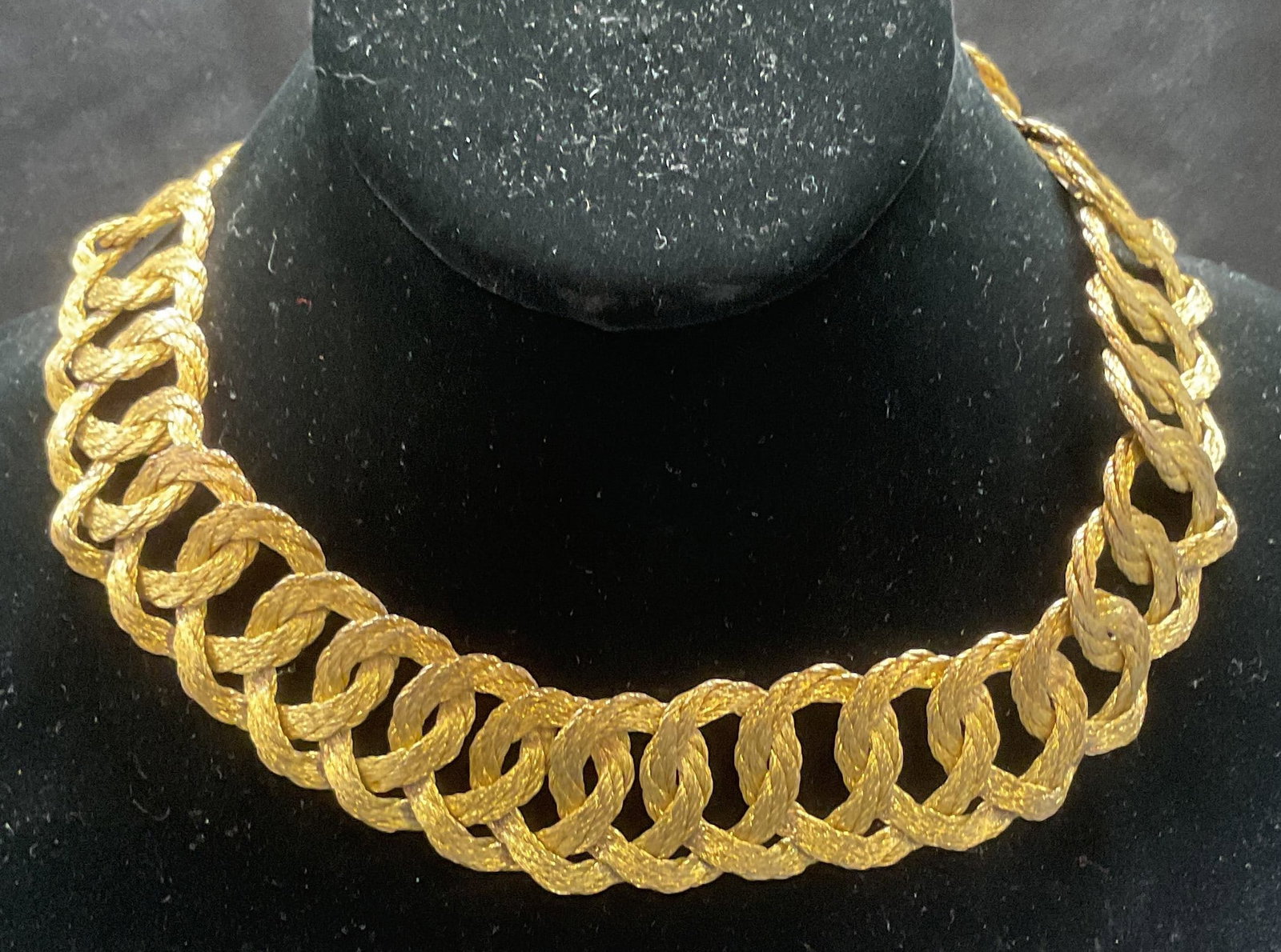 Gold Tone Braided Chain Choker Necklace: Gold tone braided chain choker necklace. Drop length approx. 7 inches. Some surface wear including scratching and bending observed. Jewelry, estate jewelry, costume jewelry, cocktail jewelry, fashion 