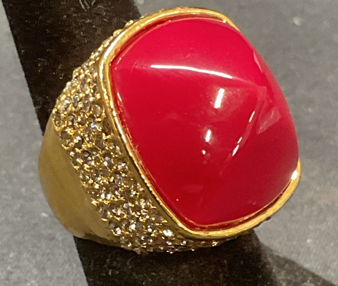 Gold Tone Crystal Red Cabochon Cocktail Ring (1 of 6)