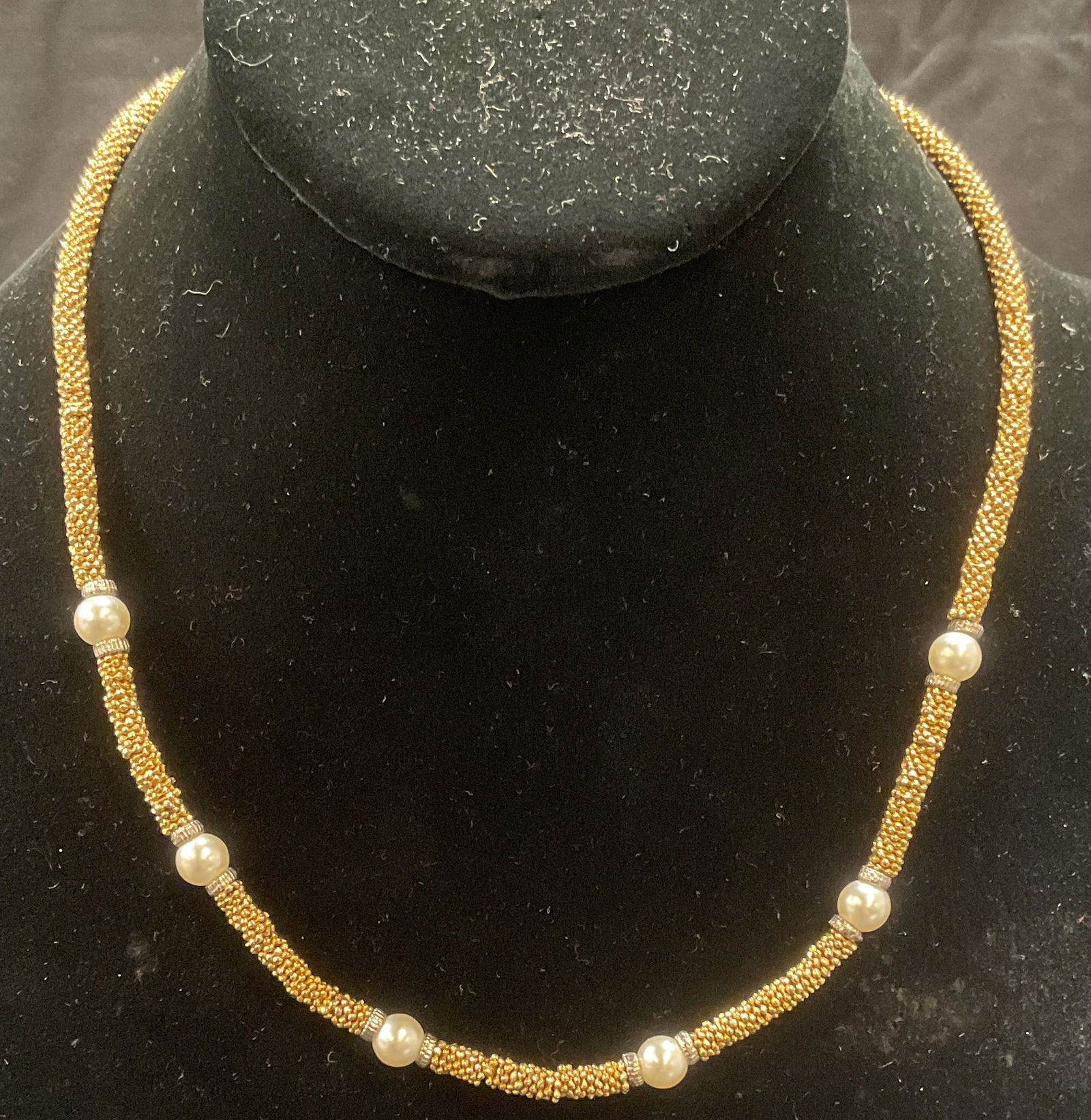 Gold Tone Granulated Faux Pearl Necklace: Gold tone granulated beaded necklace with faux pearl accent beads. Drop length approx. 8 inches. Some surface wear including scratching observed. Jewelry, estate jewelry, costume jewelry, cocktail jew