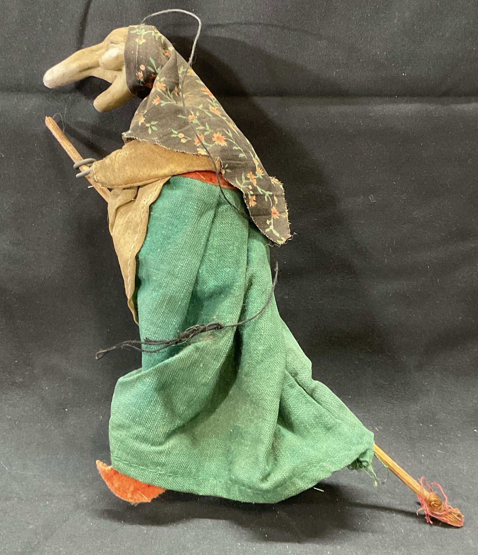 Vintage Handmade Kitchen Witch Figural: Vintage handmade kitchen witch figural. Fabric and wood. Measures approx. 11 inches long. Wear to material and evident losses observed. Kitchen witch, kitchen witch figural, witch, witch figural, home