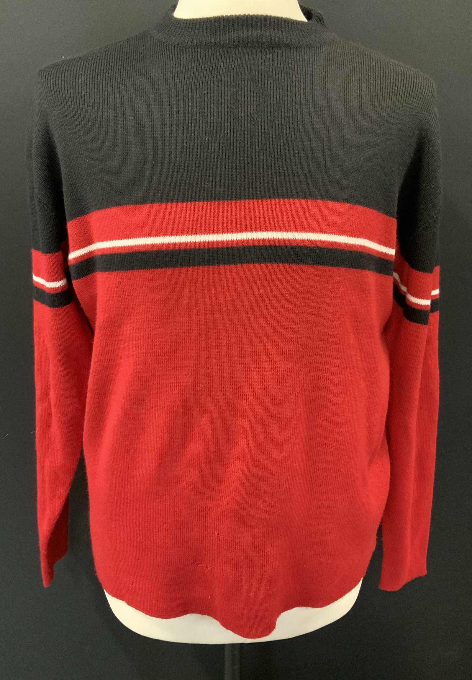 Meister Wool Blend Color Block Sweater, Mens: Vintage MEISTER wool/ acrylic sweater 30%/70%. Color block red and black with chest stripe design. Has a few tears in knit near lower hem. Made in Hong Kong. Mens L. Menswear, Mens Sweater, Red and Bl