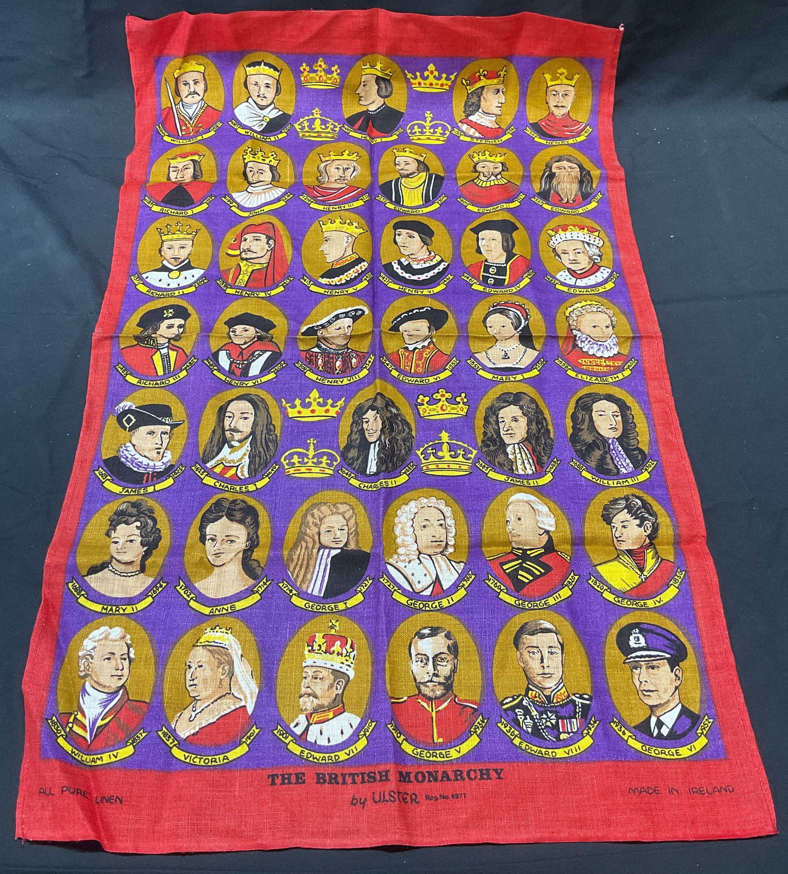 Ulster British Monarchy Linen Tea Towel, Ireland: Ulster linen tea towel with British Monarchy motif. Made in Ireland. Measures approx. 31 x 19 inches. Some wear to material consistent with exposure. Linen tea towel, ulster tea towel, British monarch