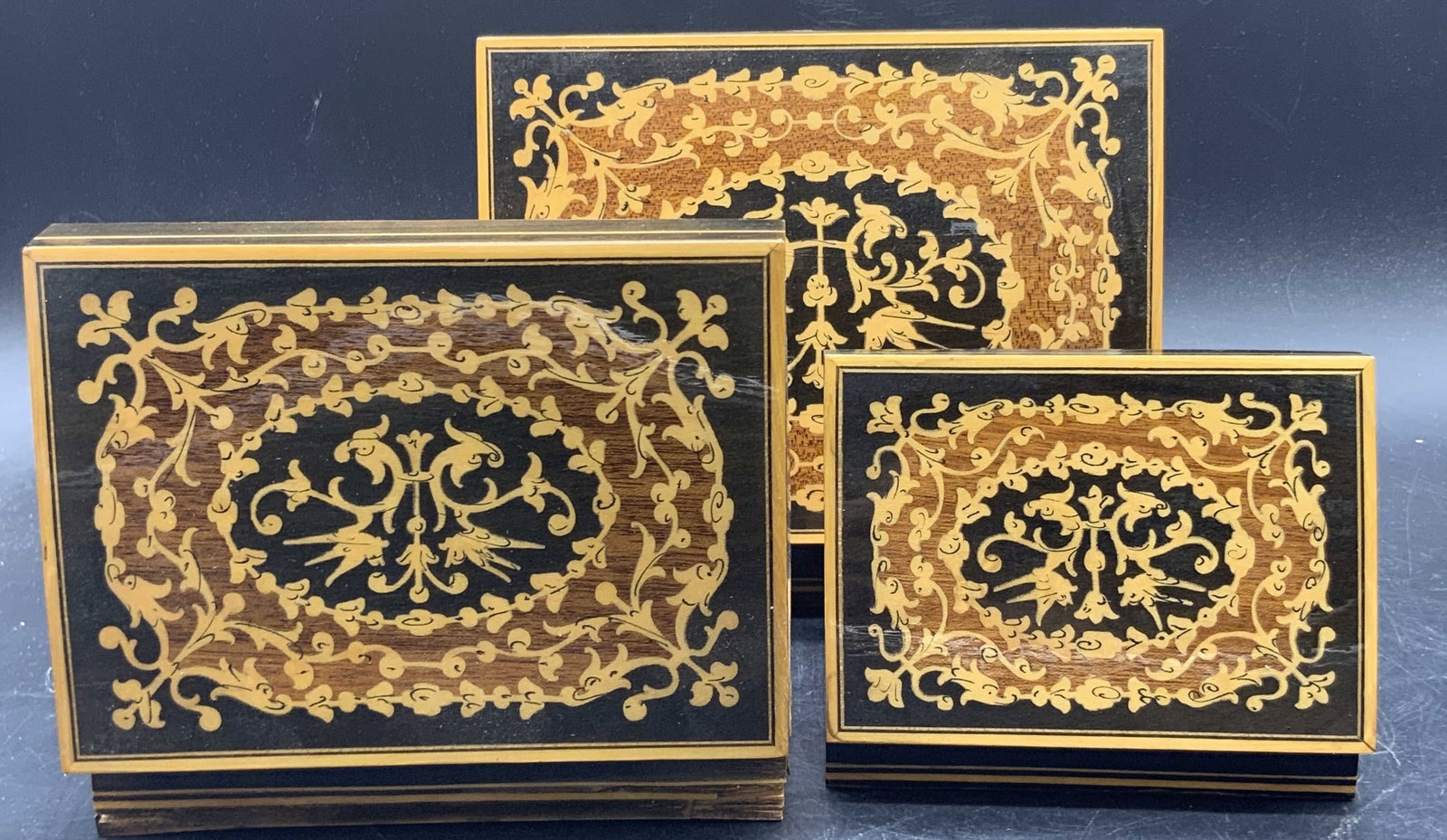 Set 3 Vintage Inlaid Wood Hinged Trinket Boxes (1 of 10)