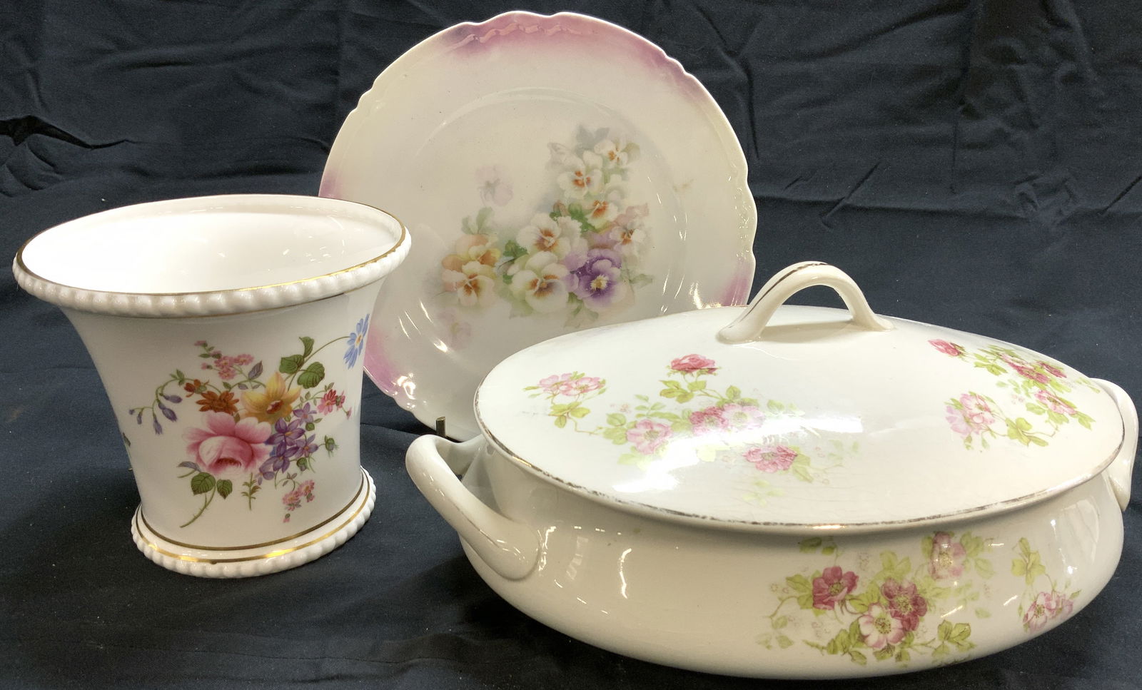 Lot 3 Porcelain Plate, Vase, & Serving Dish W Lid (1 of 8)