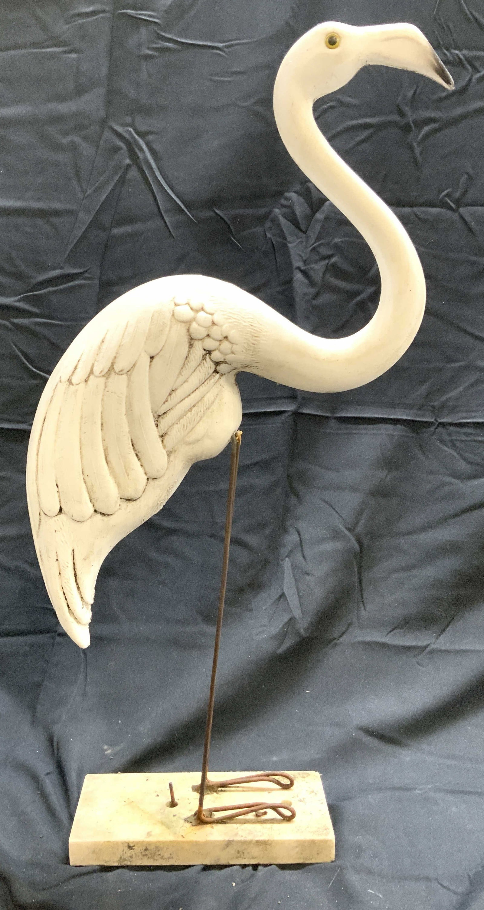 Signed Vntg Flamingo Statuary W Composite Base: Flamingo statuary is vintage. Piece appears to be plastic with composite base. Figure has metal legs. Piece measures approximately 21.5 inches tall 10 inches deep 3 inches wide. Flamingo, plastic flam